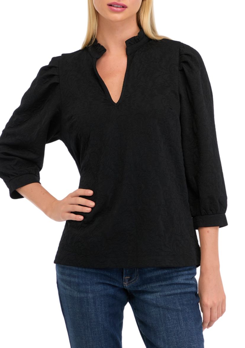 Womens 3/4 Sleeve Jacquard Ruffle Neck Top