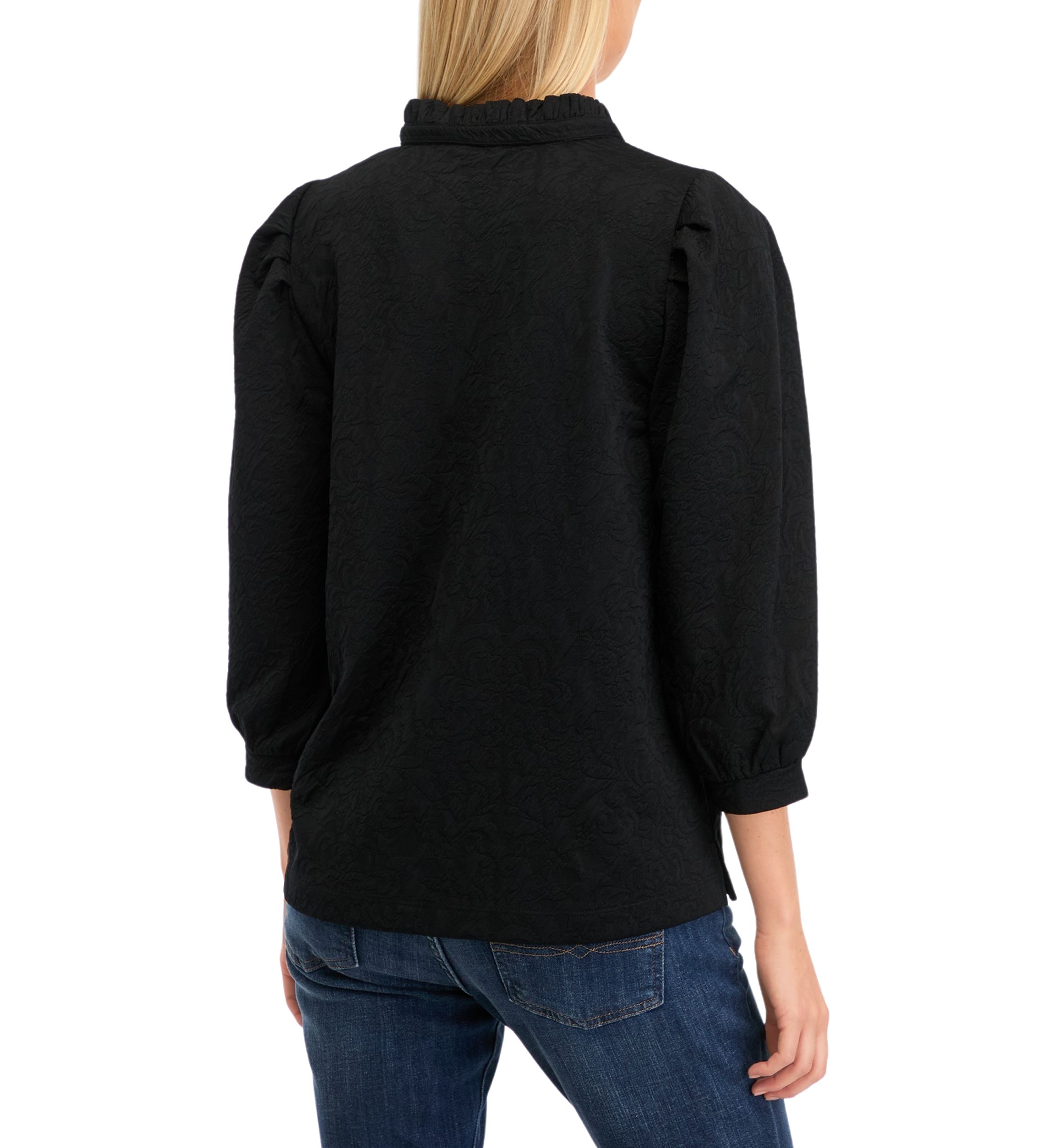 Womens 3/4 Sleeve Jacquard Ruffle Neck Top