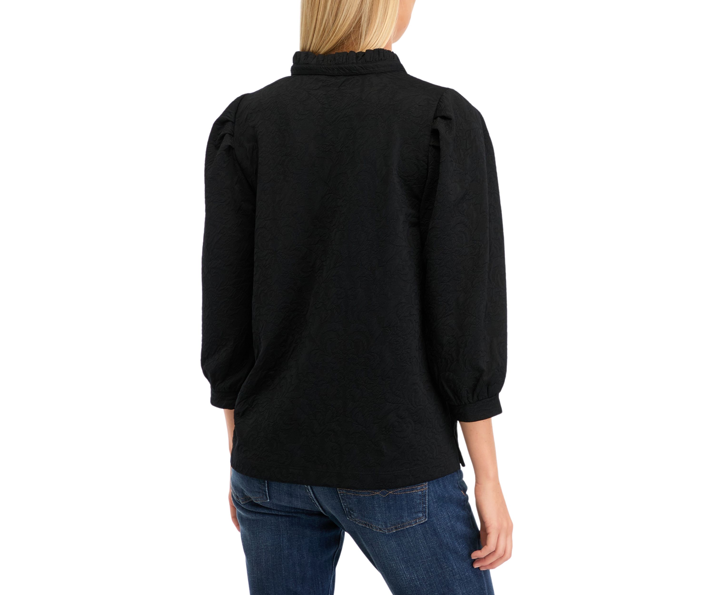 Womens 3/4 Sleeve Jacquard Ruffle Neck Top