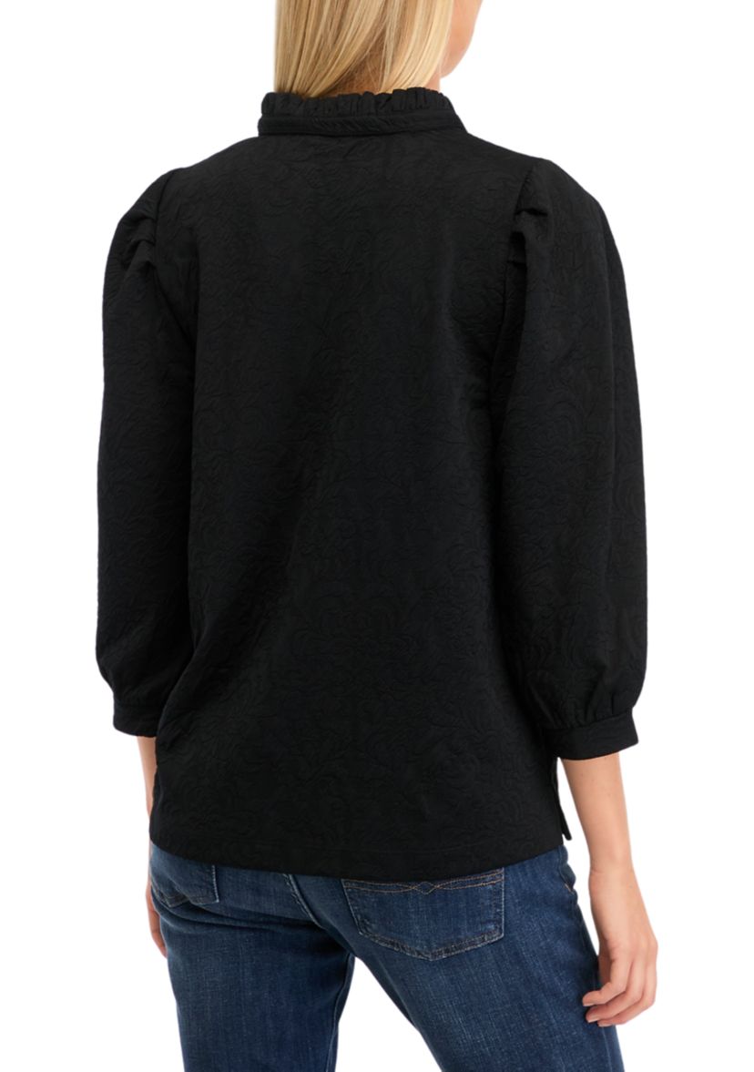 Womens 3/4 Sleeve Jacquard Ruffle Neck Top