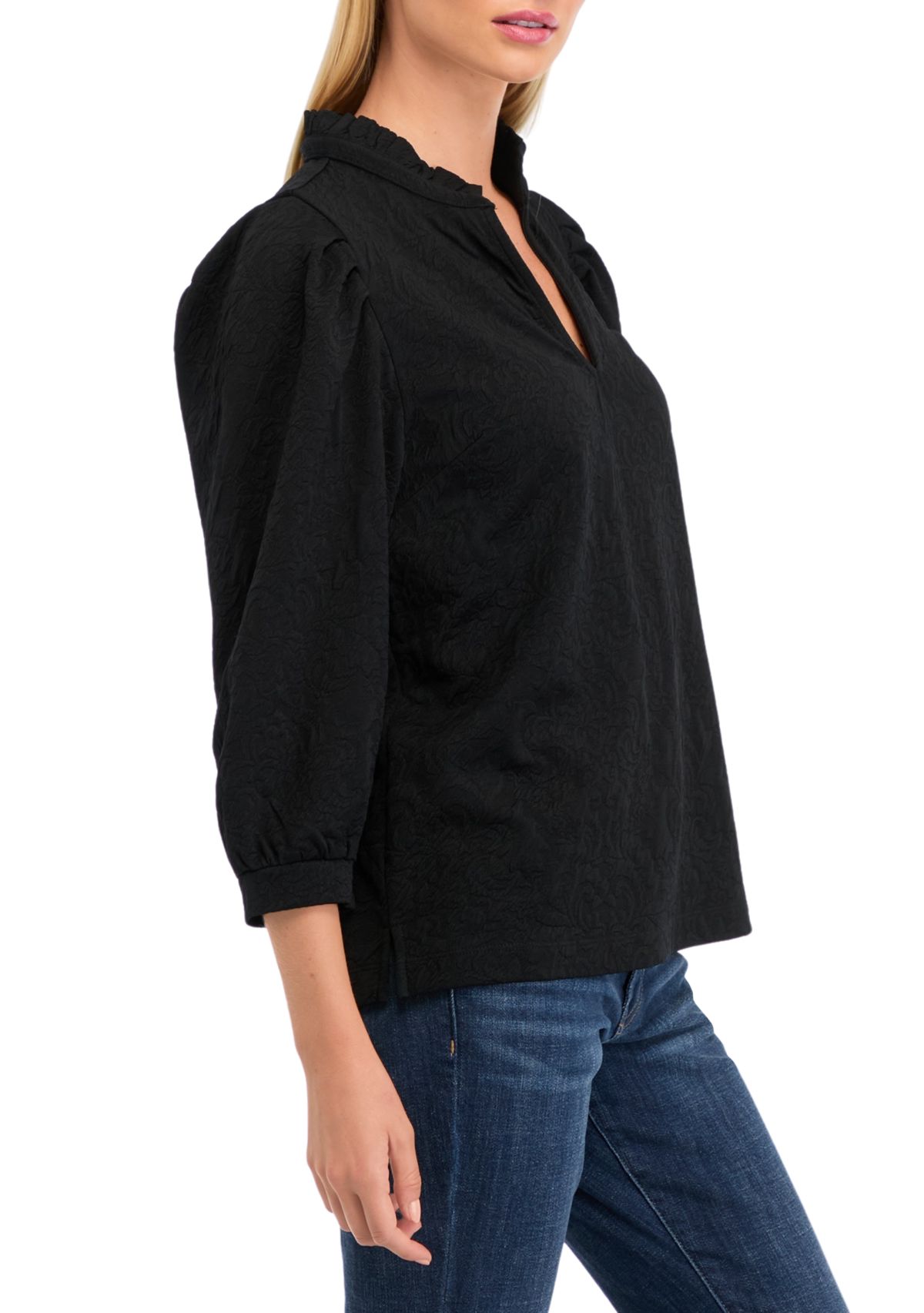 Womens 3/4 Sleeve Jacquard Ruffle Neck Top