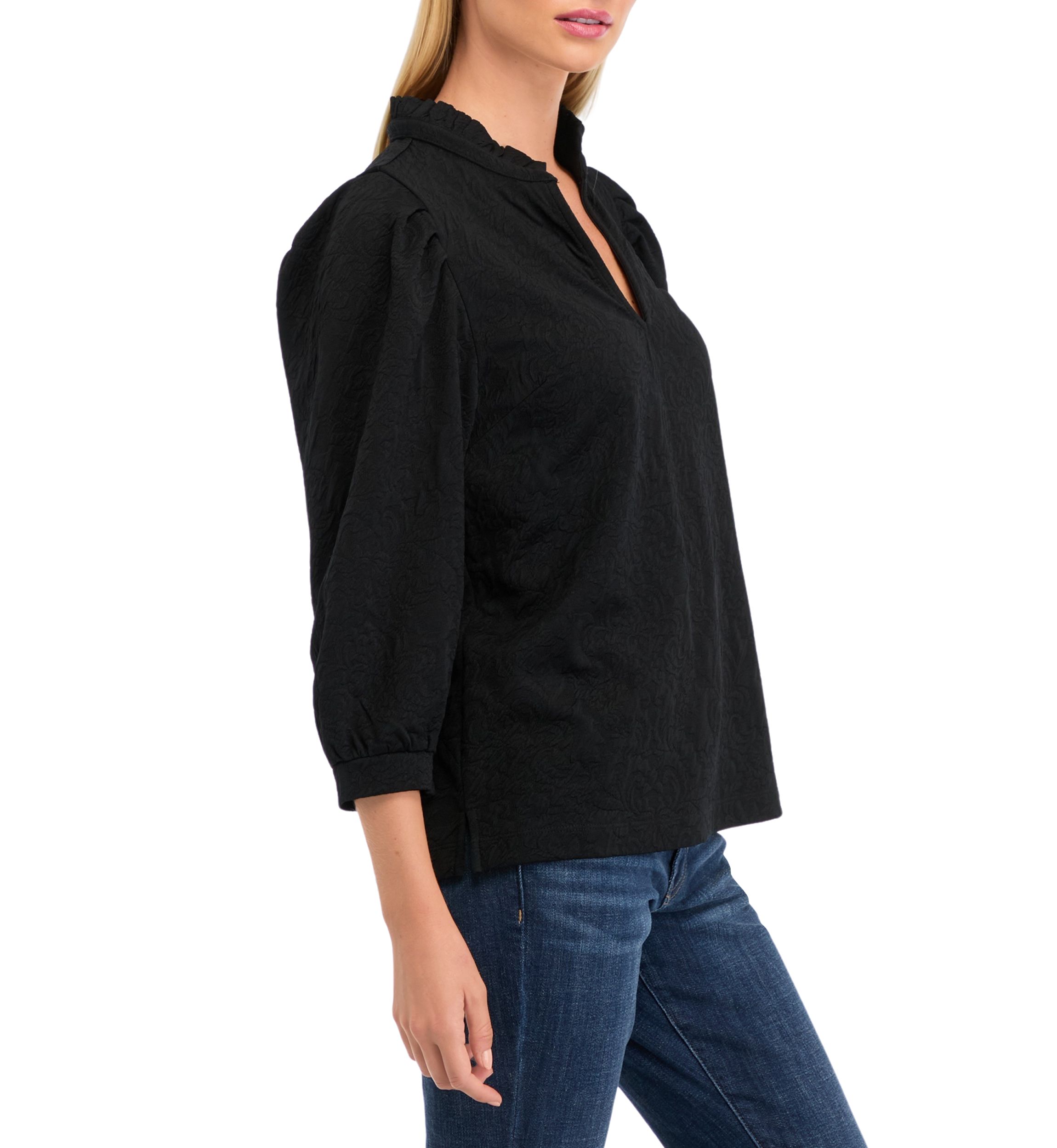Womens 3/4 Sleeve Jacquard Ruffle Neck Top
