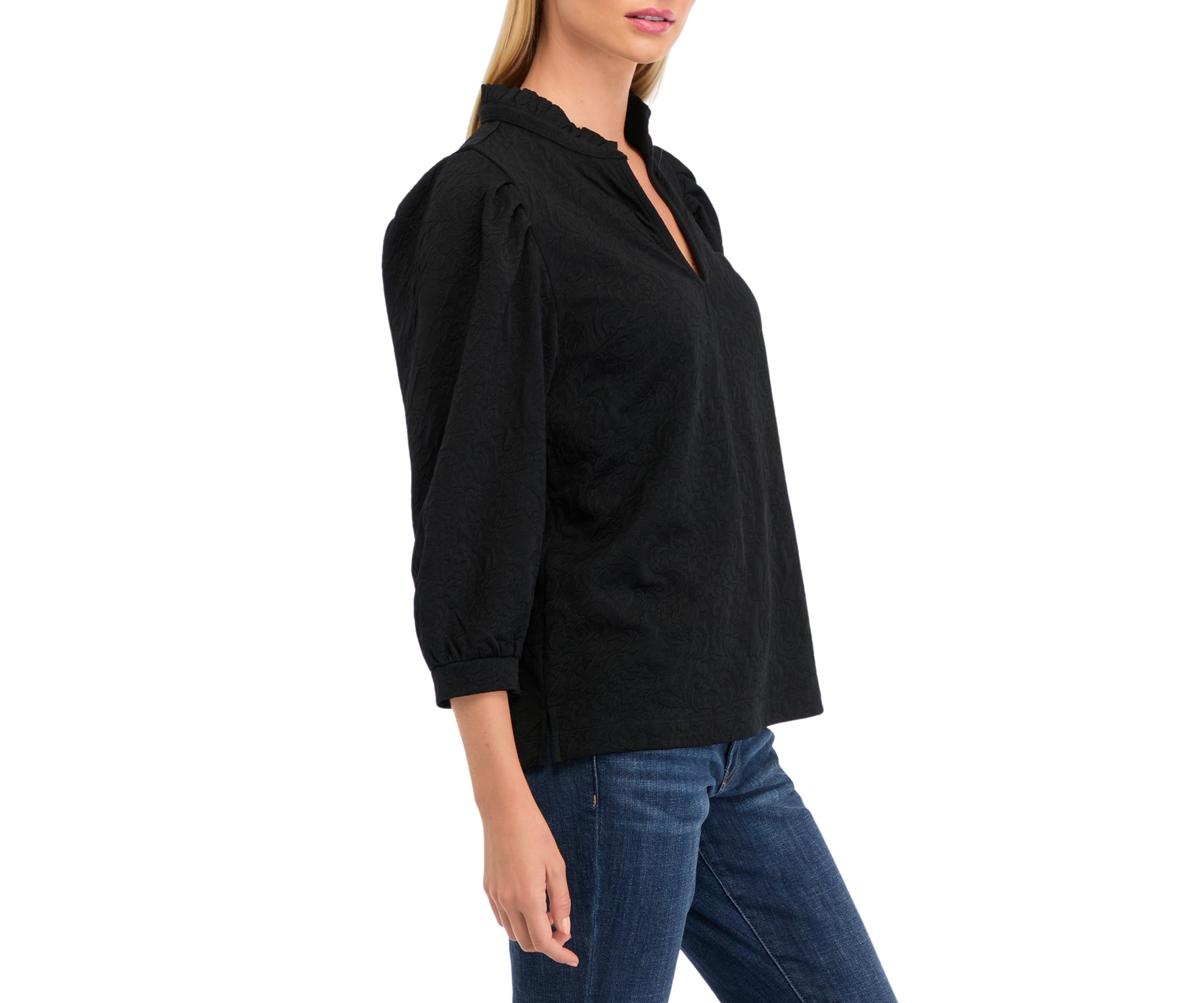 Womens 3/4 Sleeve Jacquard Ruffle Neck Top