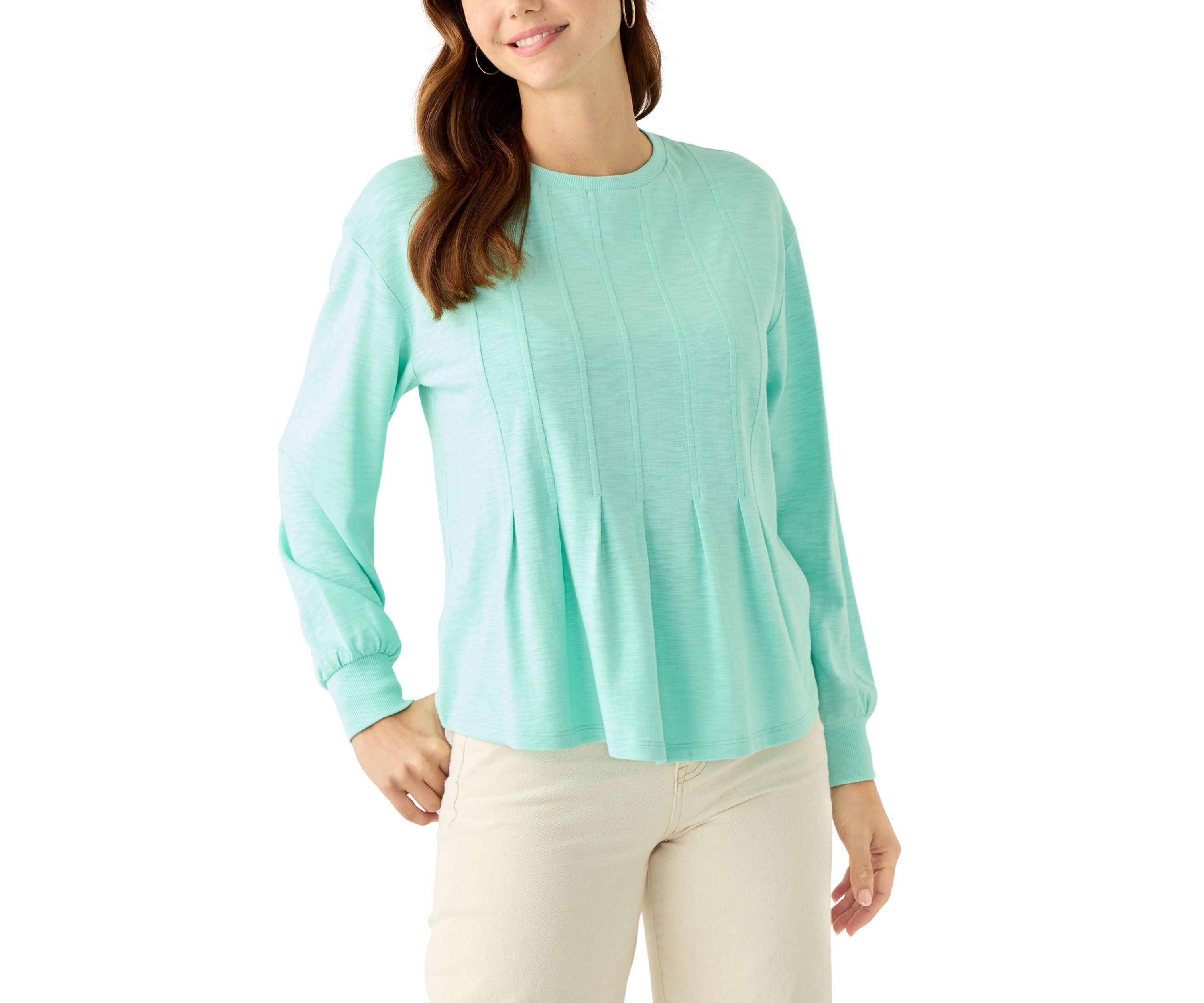 Womens Long Sleeve Pleat Front Knit Top