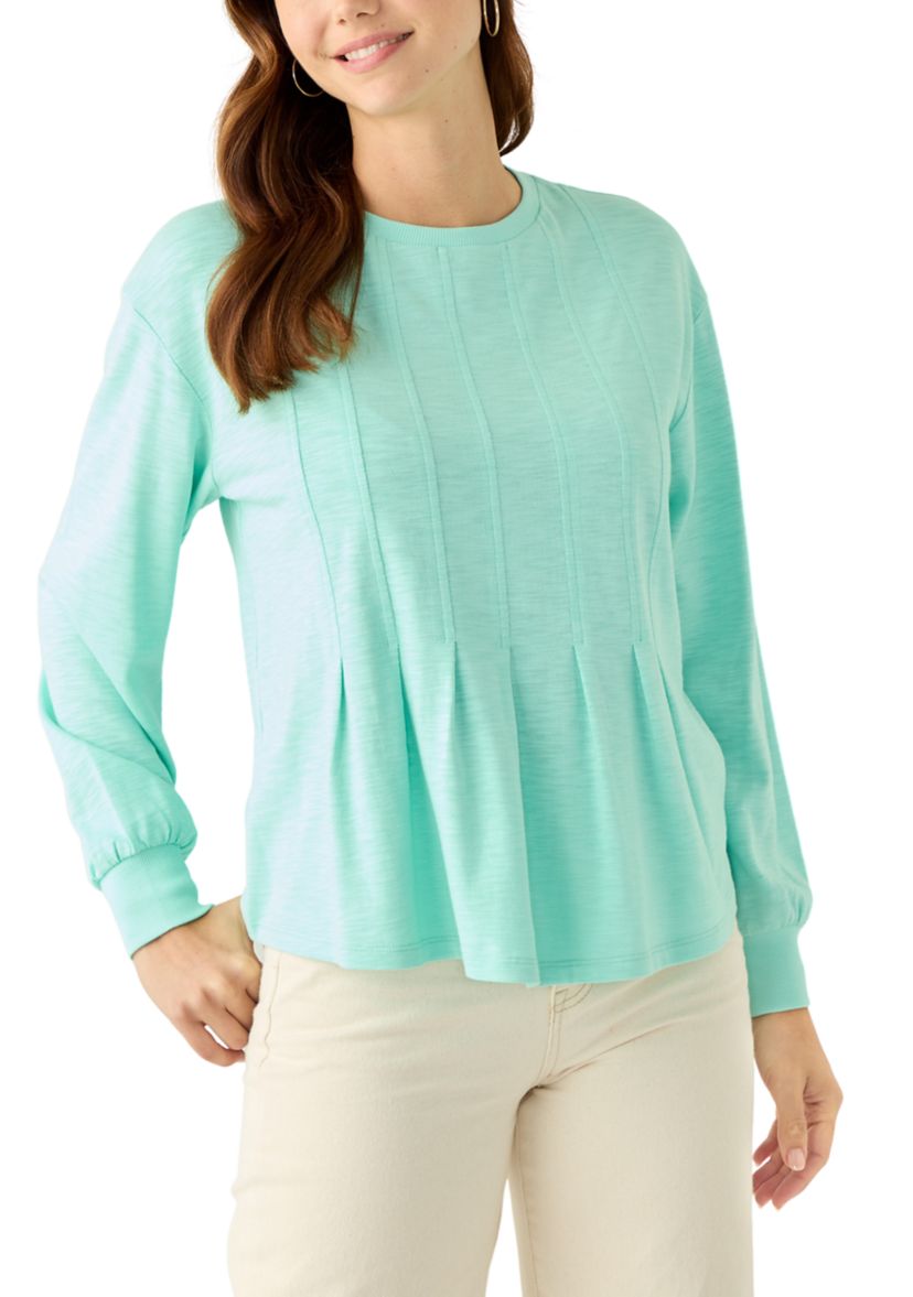 Womens Long Sleeve Pleat Front Knit Top