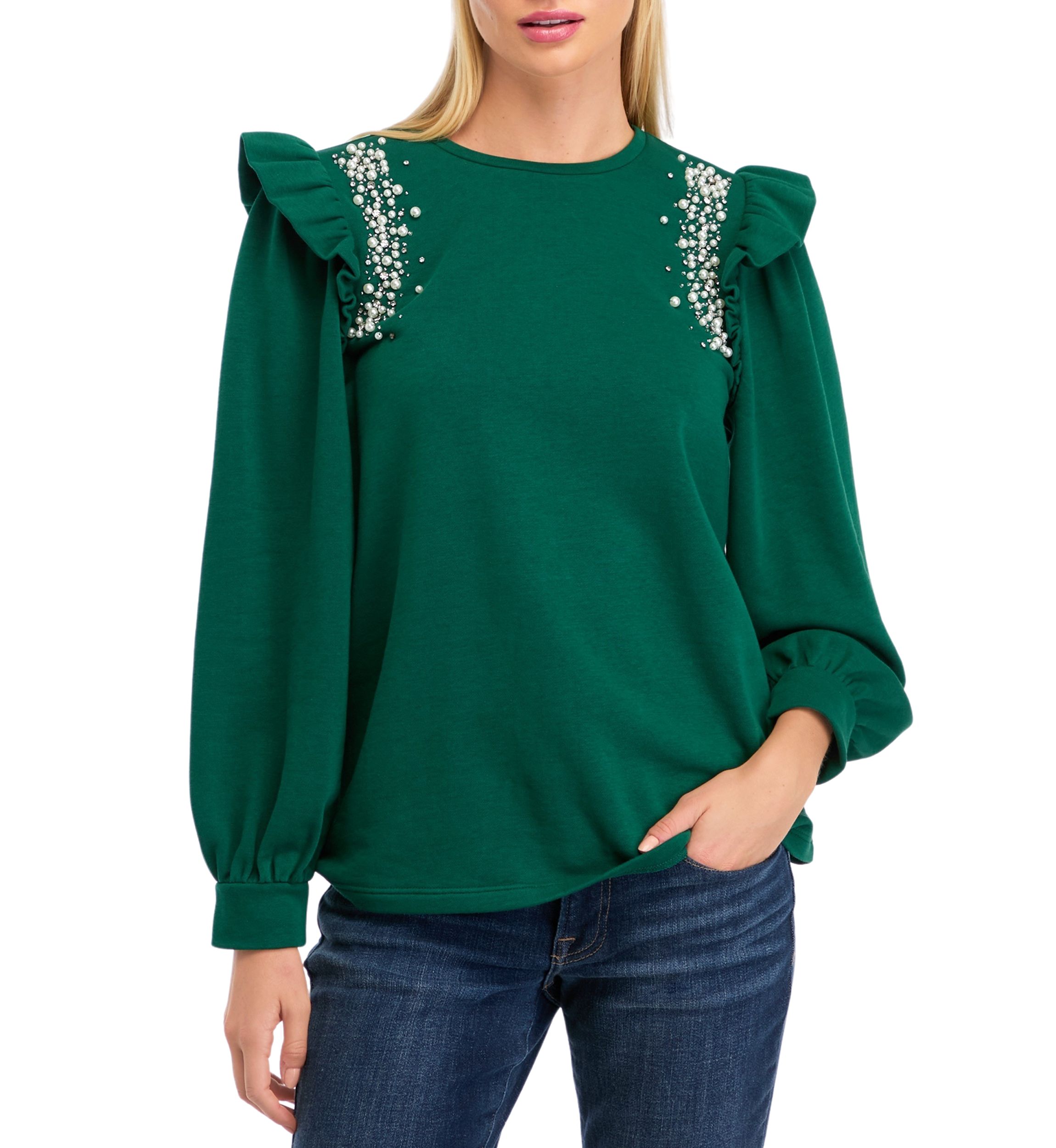Womens Long Sleeve Ruffled Shoulder Embellished Top