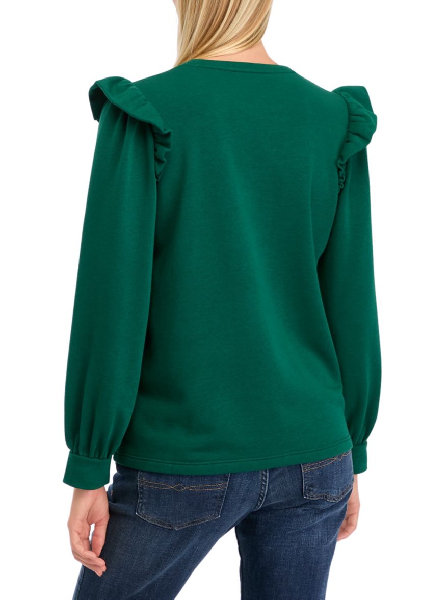 Womens Long Sleeve Ruffled Shoulder Embellished Top