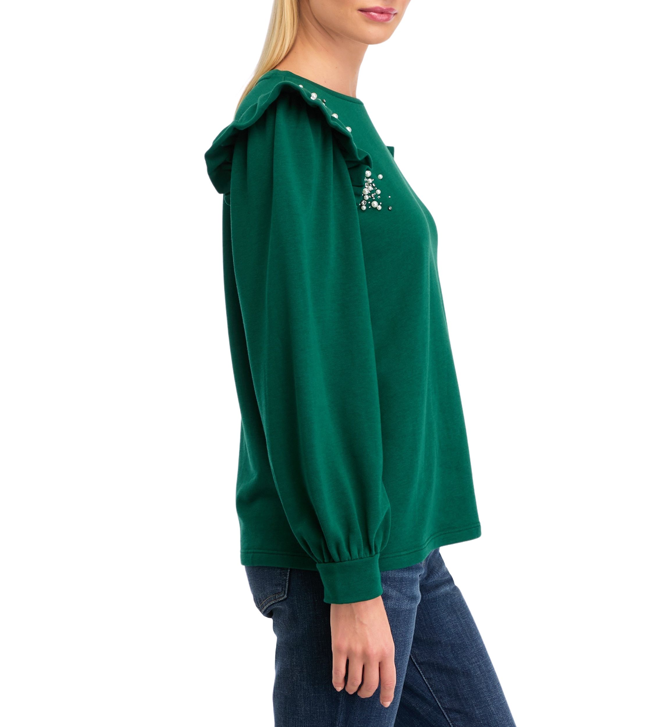 Womens Long Sleeve Ruffled Shoulder Embellished Top