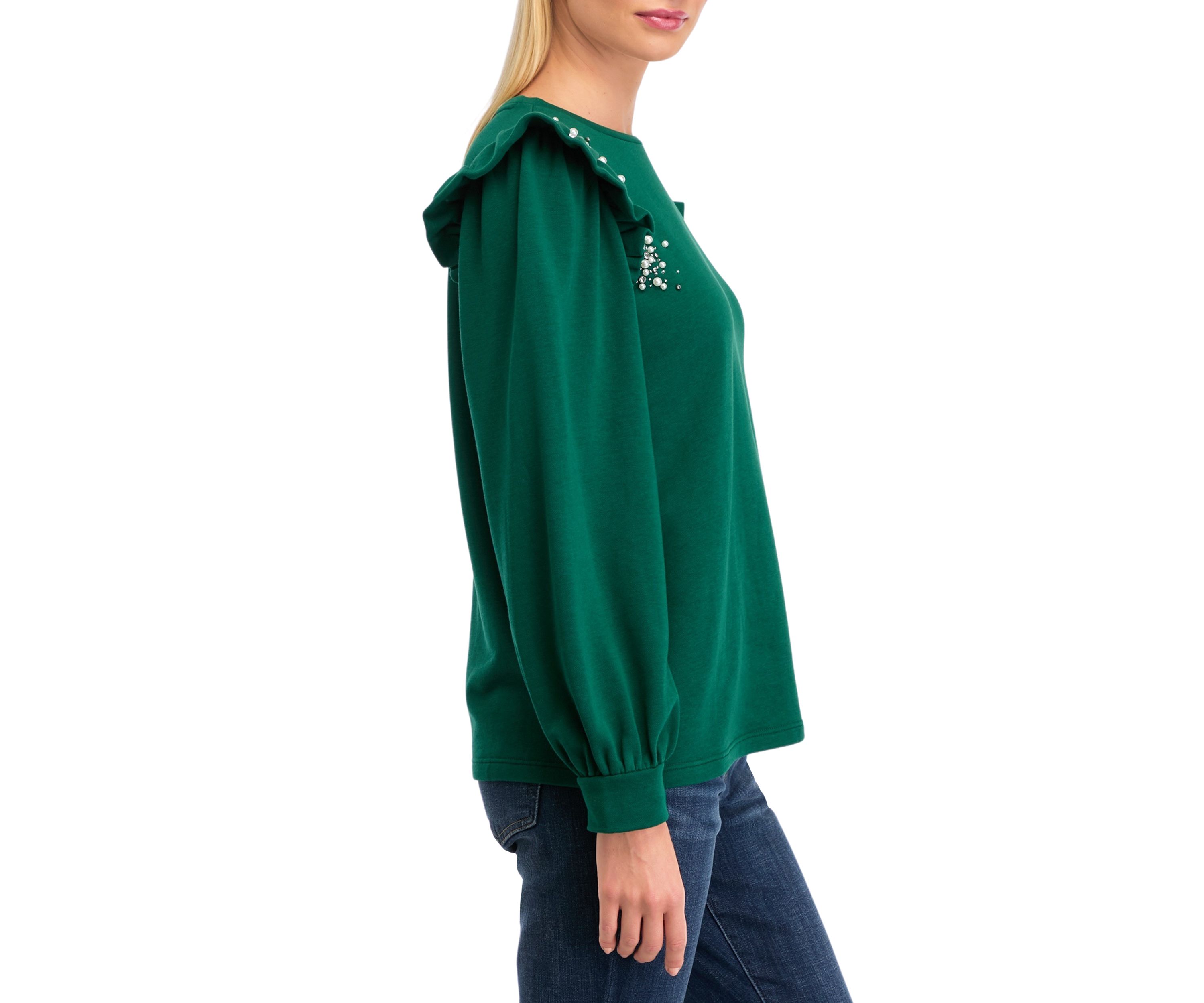 Womens Long Sleeve Ruffled Shoulder Embellished Top