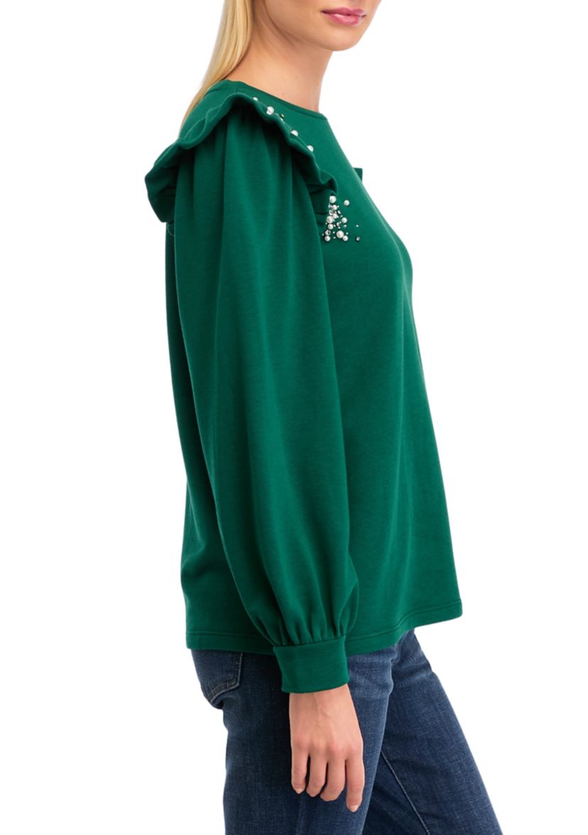 Womens Long Sleeve Ruffled Shoulder Embellished Top