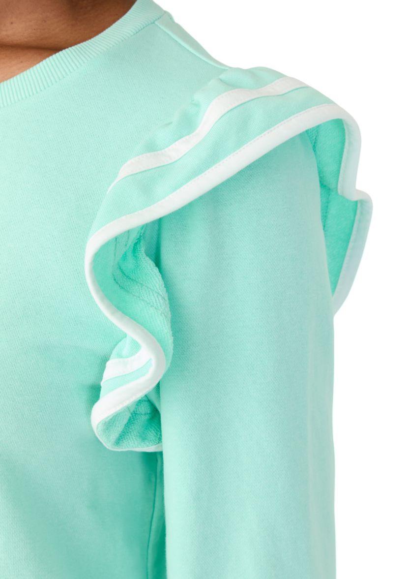Womens Solid Ruffle Sleeve Sweatshirt