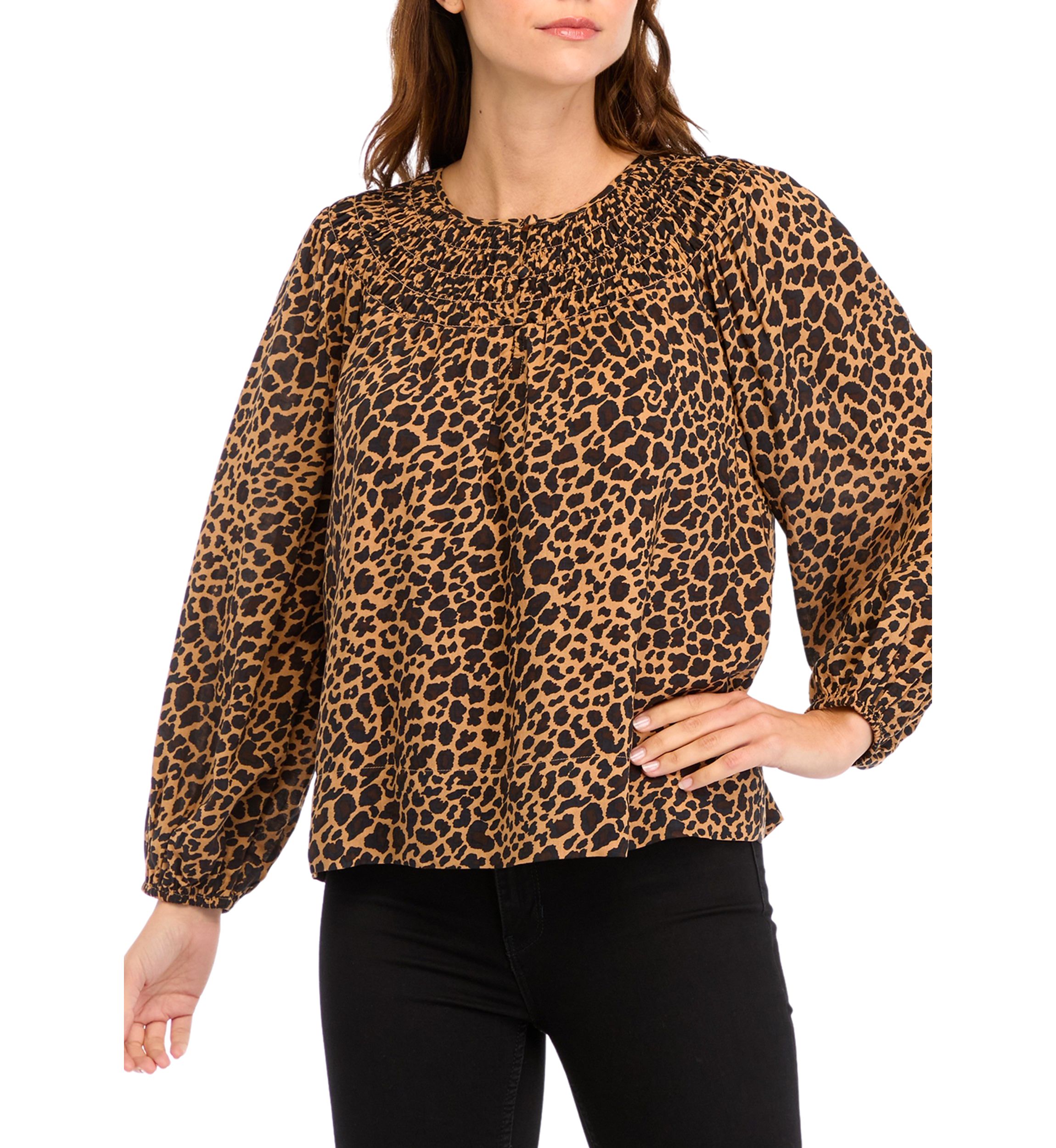 Womens Long Sleeve Smocked Printed Top 