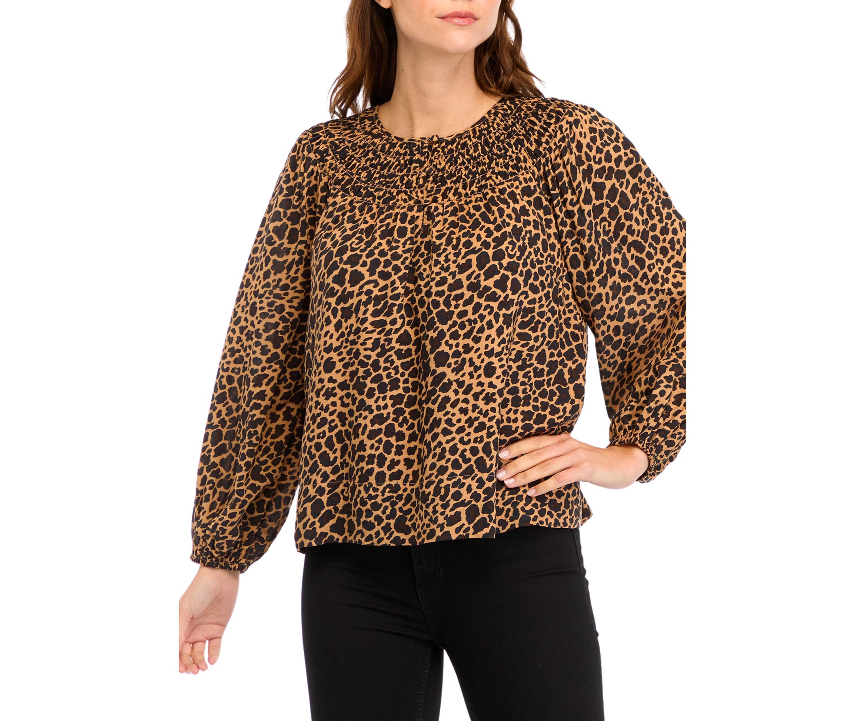 Womens Long Sleeve Smocked Printed Top 