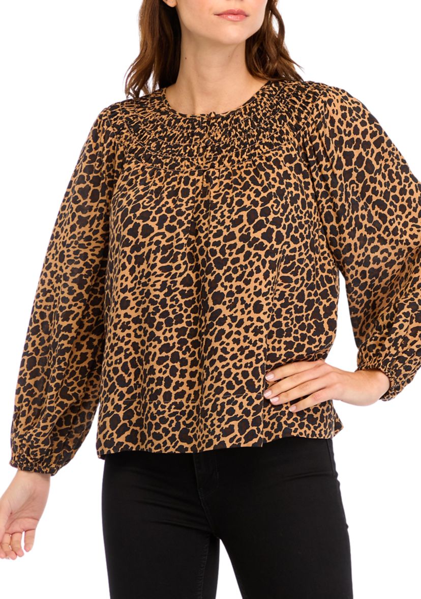 Womens Long Sleeve Smocked Printed Top 