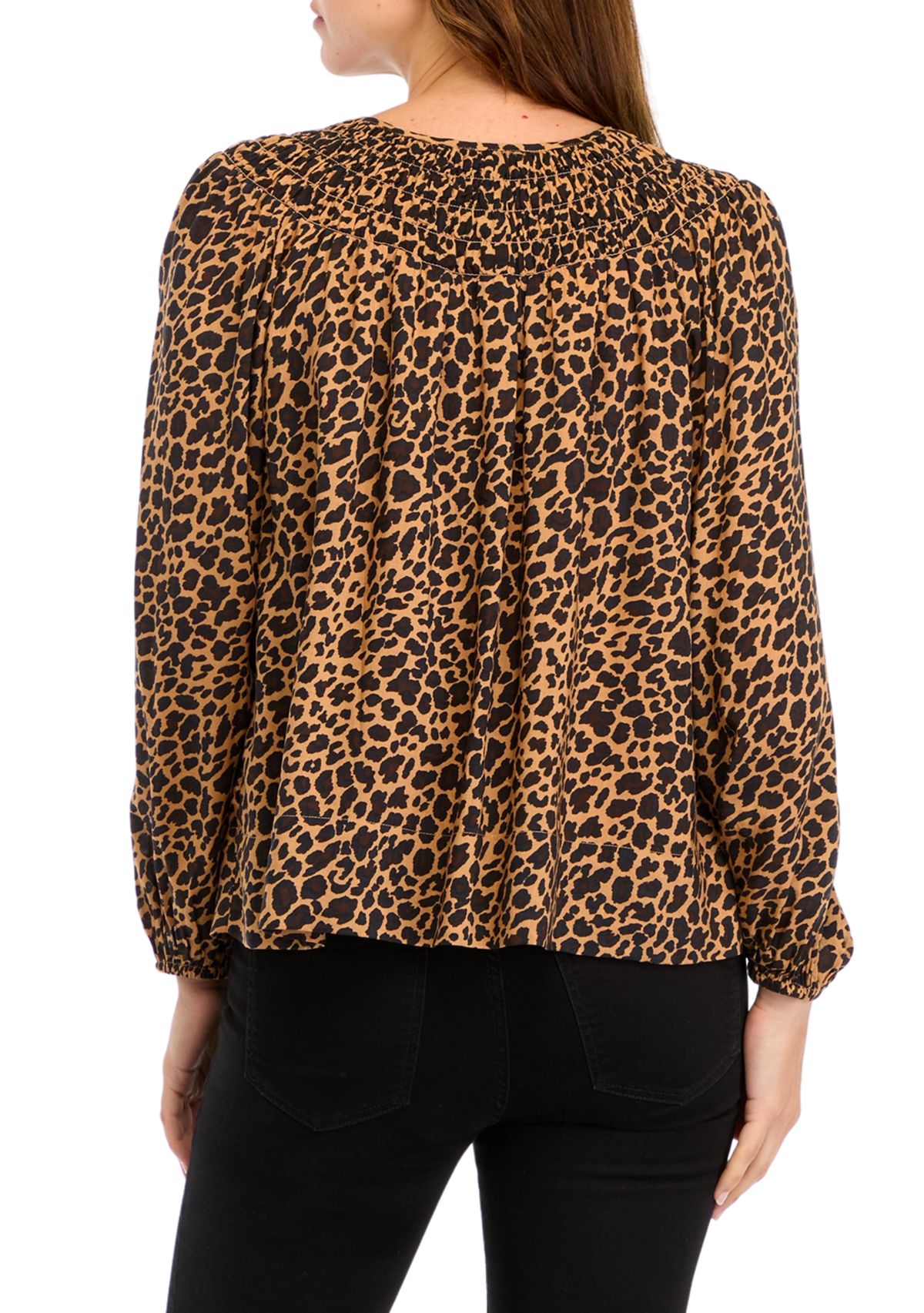 Womens Long Sleeve Smocked Printed Top 