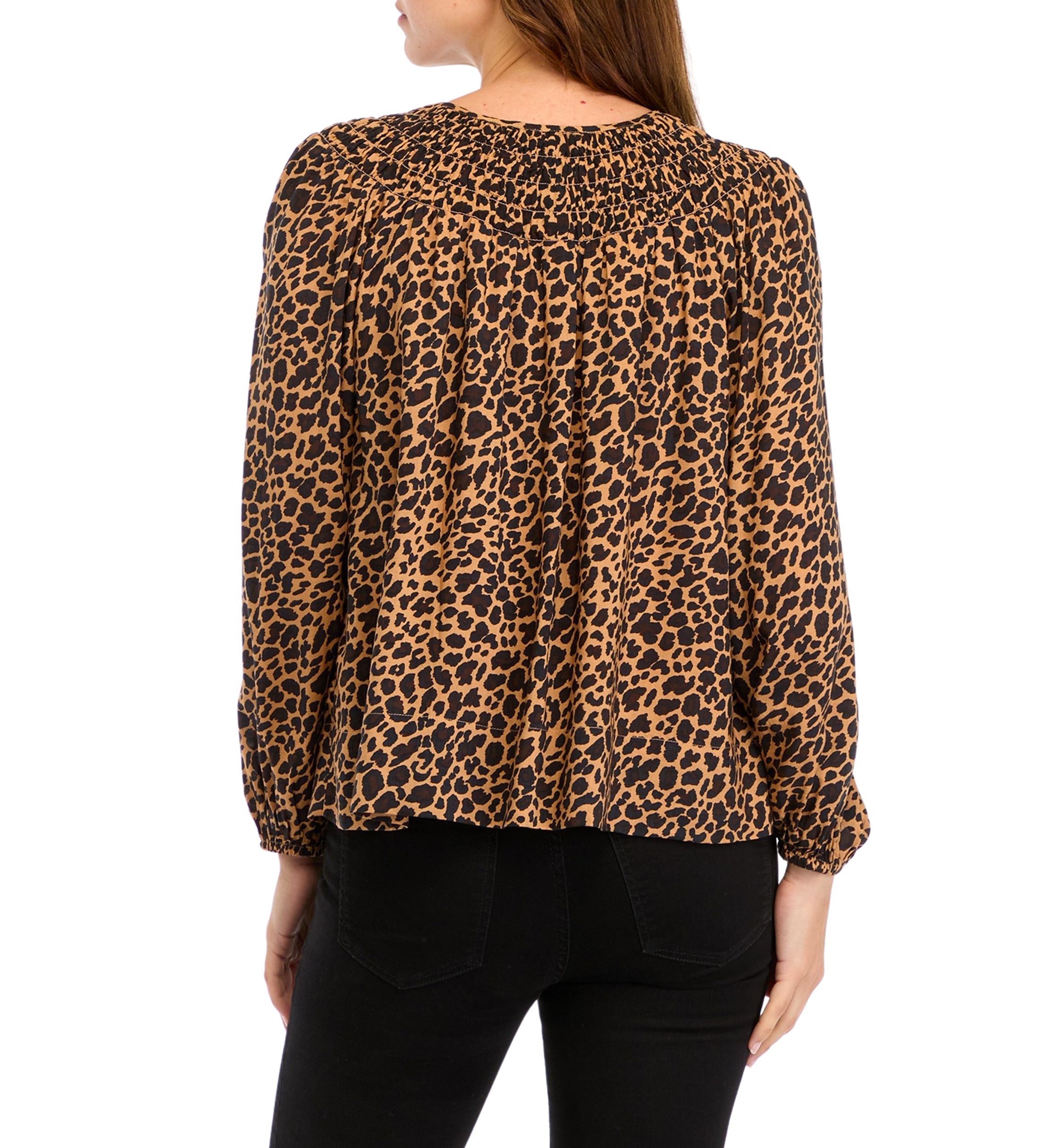 Womens Long Sleeve Smocked Printed Top 