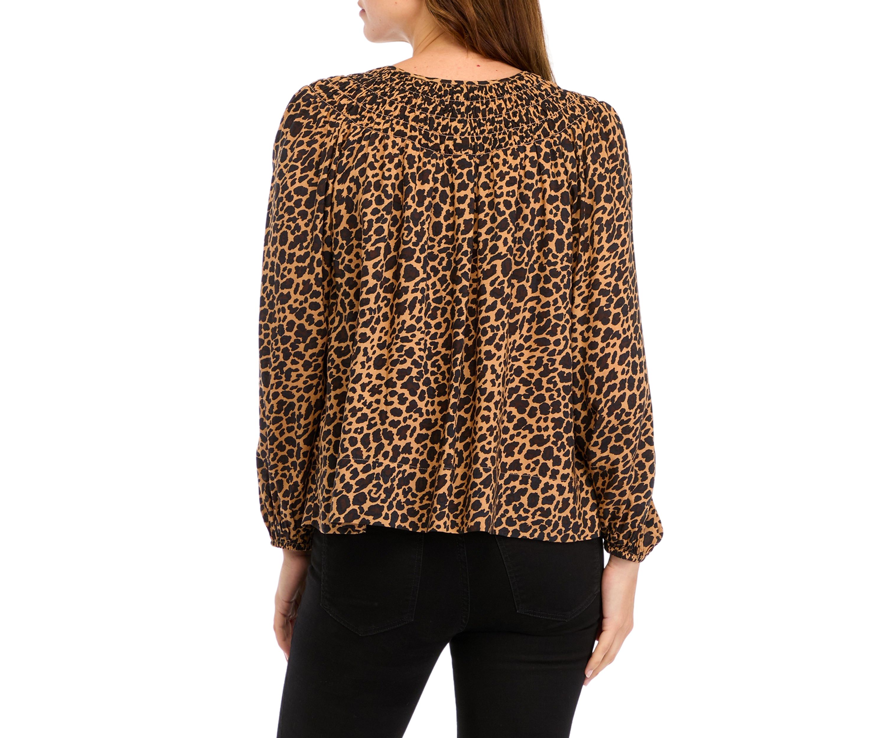 Womens Long Sleeve Smocked Printed Top 