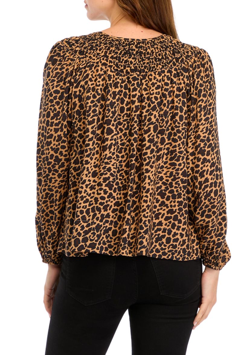 Womens Long Sleeve Smocked Printed Top 