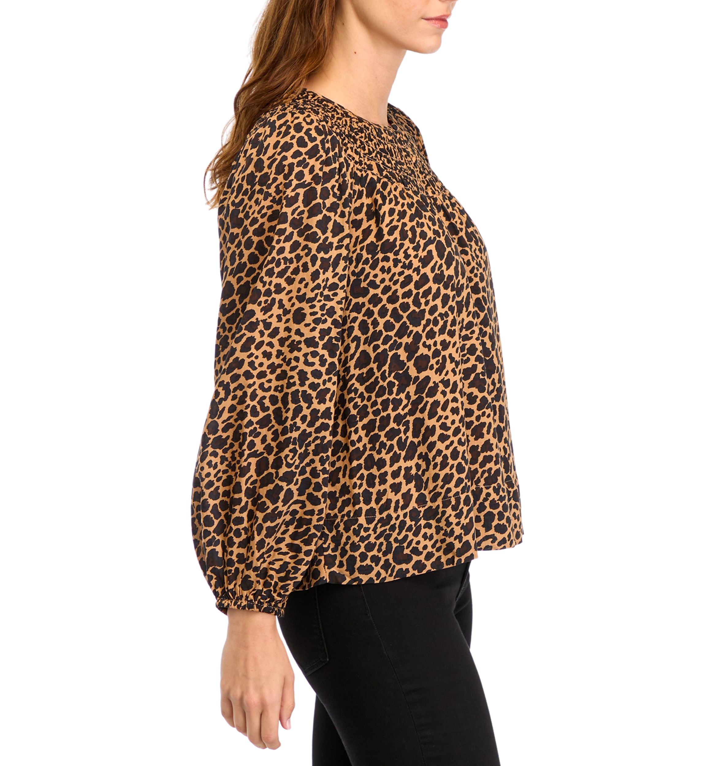Womens Long Sleeve Smocked Printed Top 