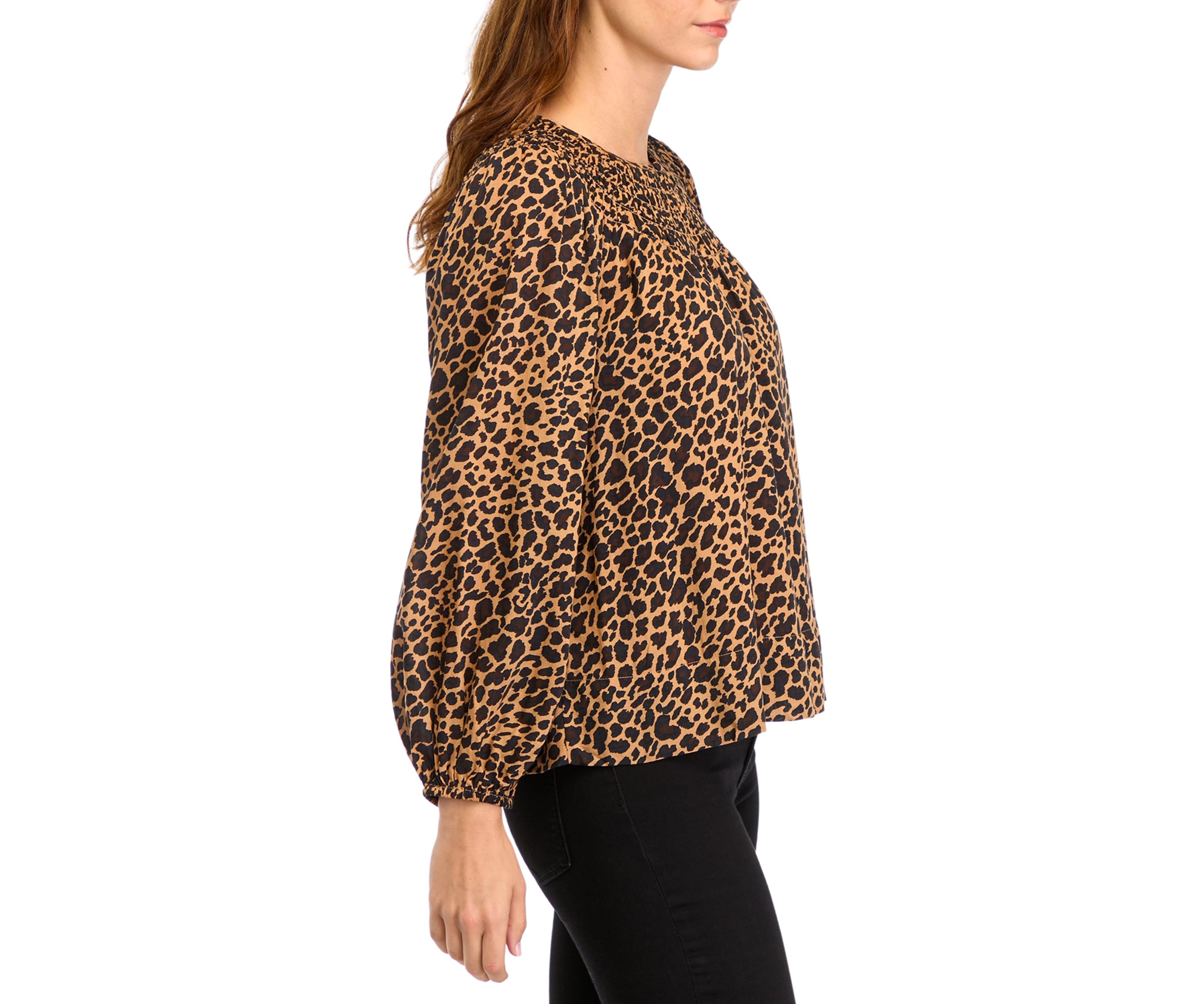 Womens Long Sleeve Smocked Printed Top 