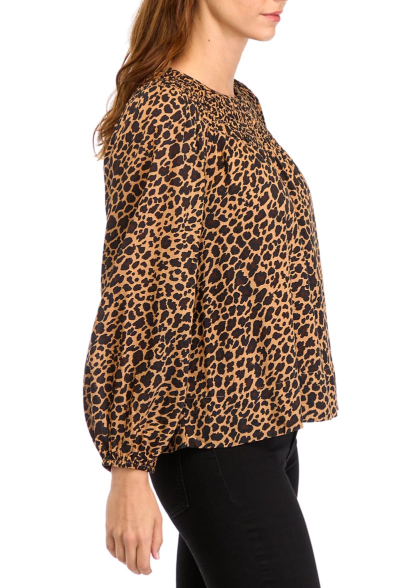 Womens Long Sleeve Smocked Printed Top 
