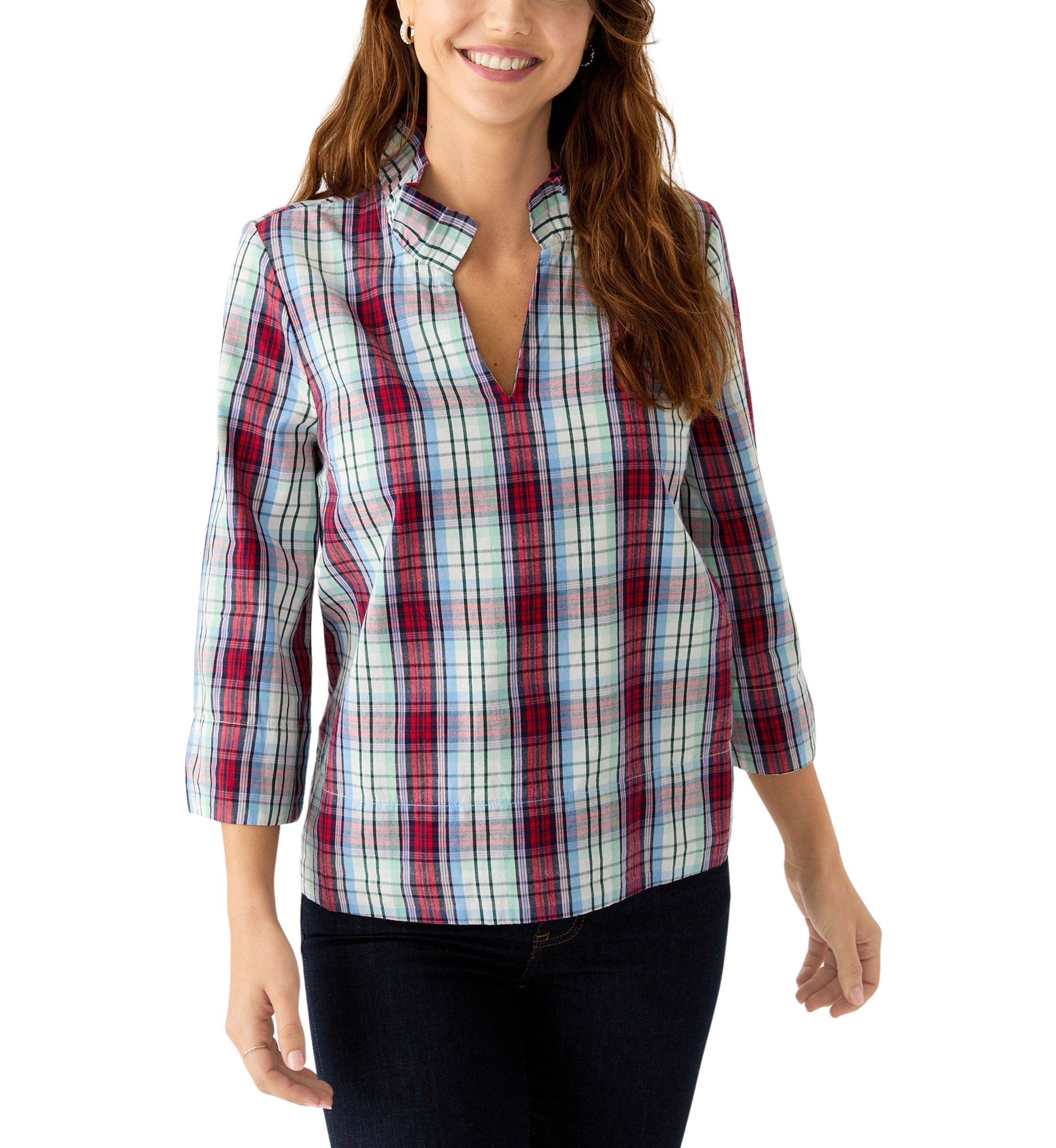 Womens Ruffle Neck Yarn Dyed Top