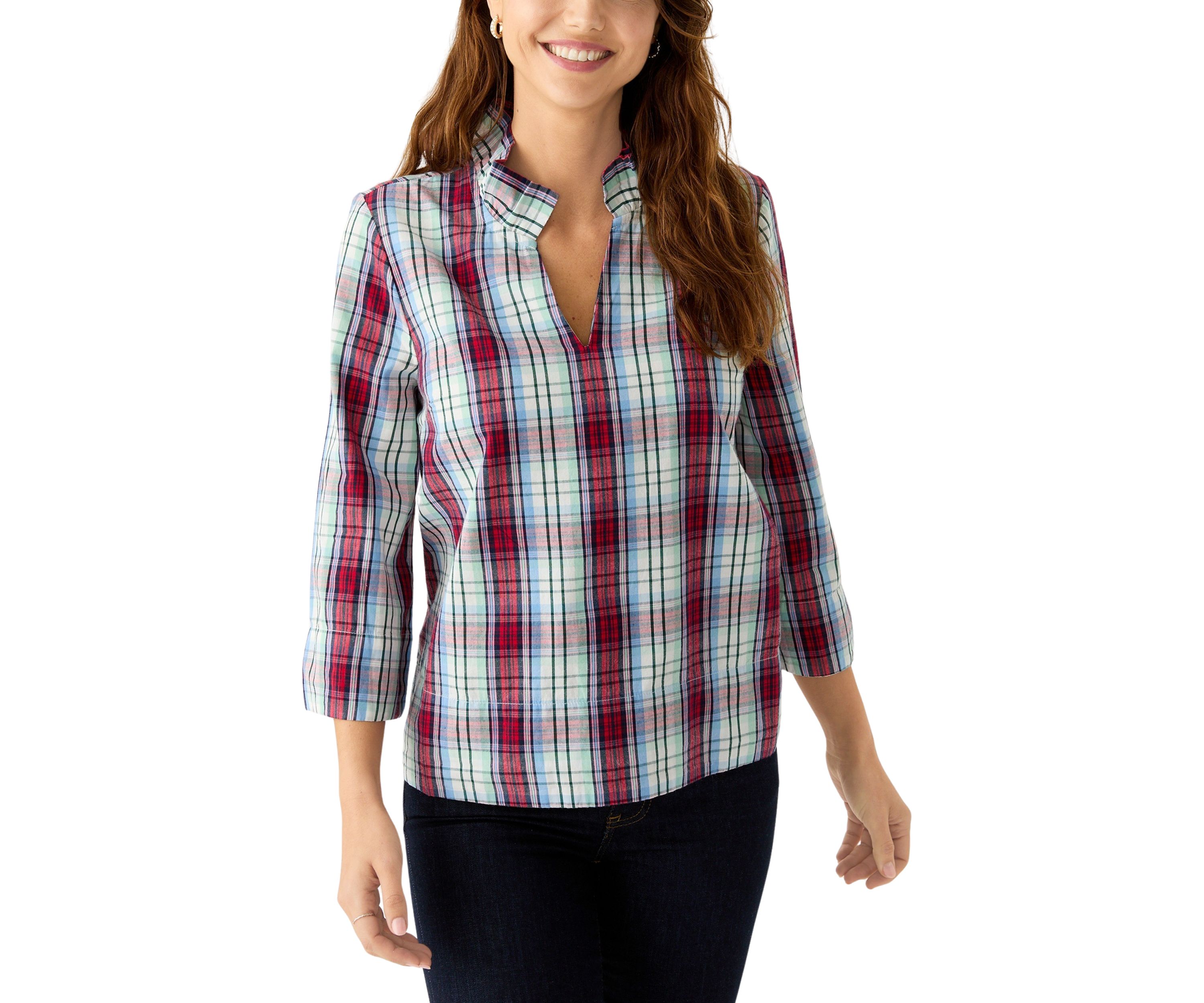 Womens Ruffle Neck Yarn Dyed Top