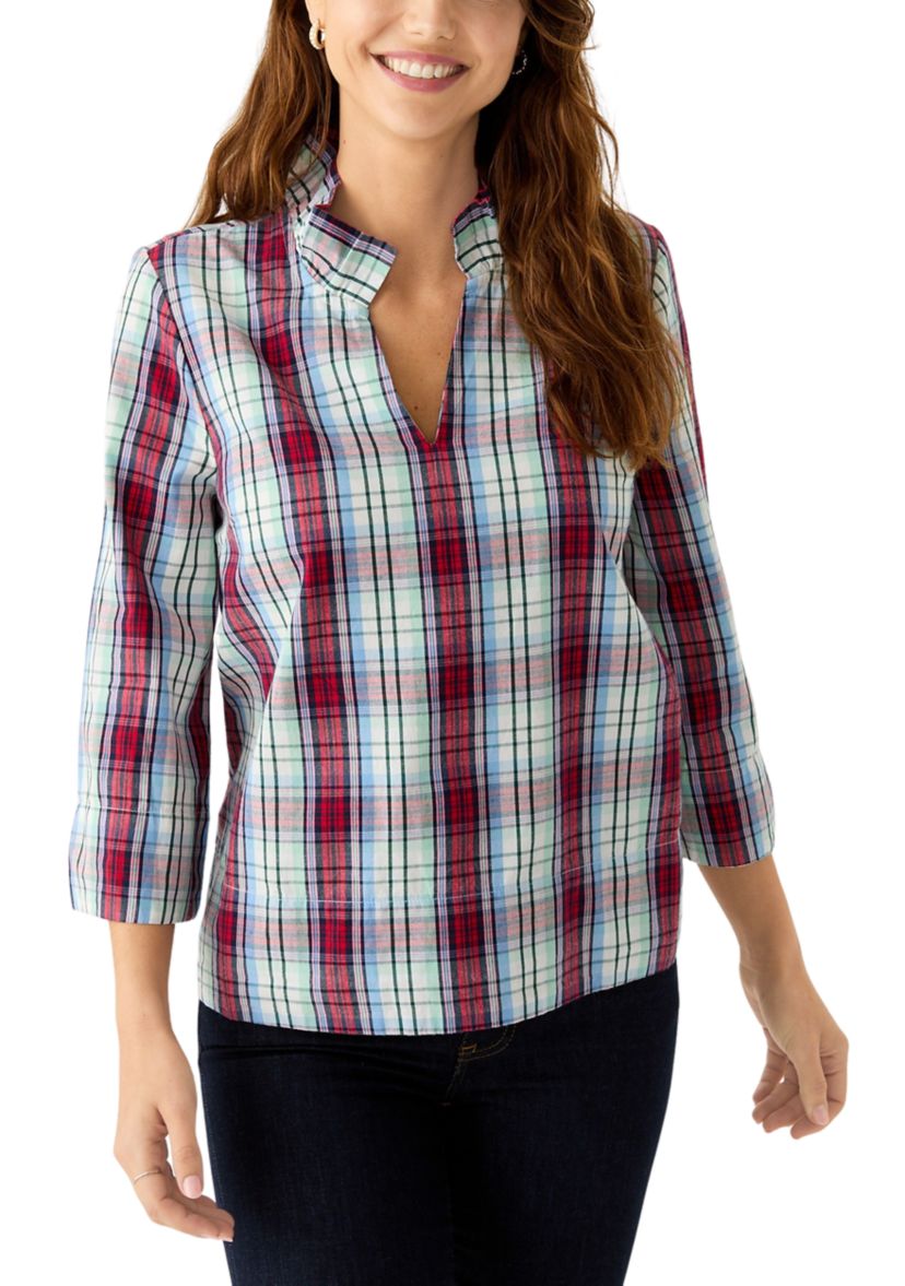 Womens Ruffle Neck Yarn Dyed Top