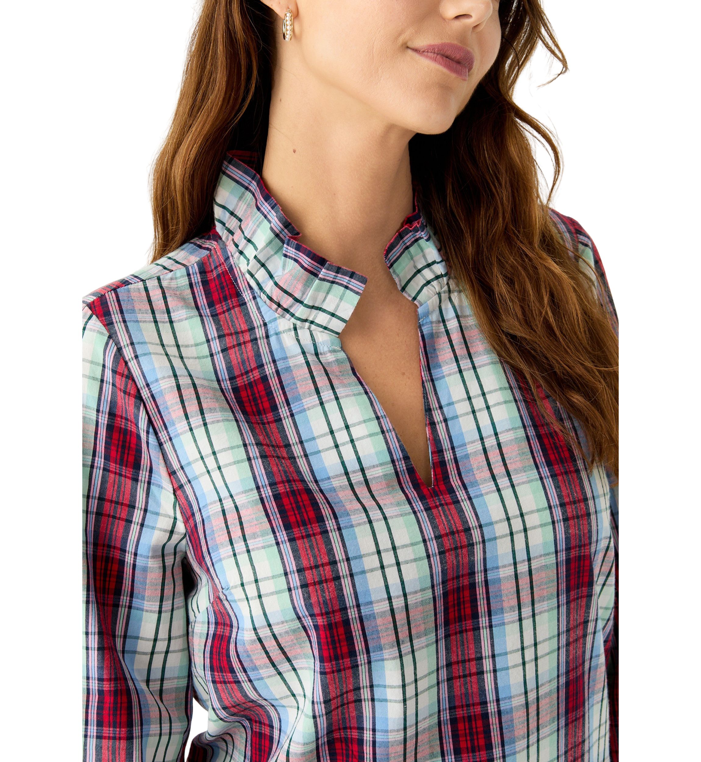 Womens Ruffle Neck Yarn Dyed Top