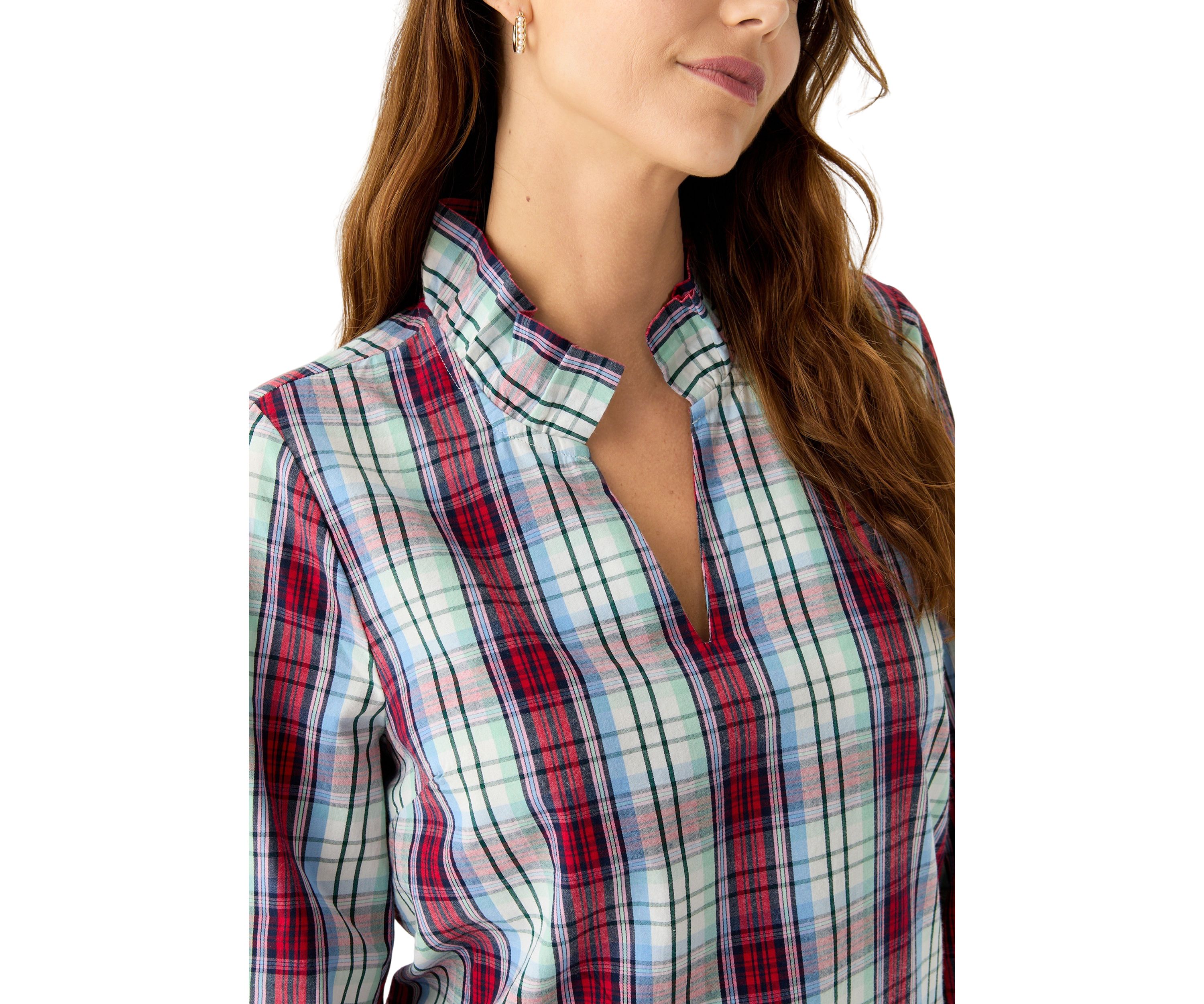 Womens Ruffle Neck Yarn Dyed Top