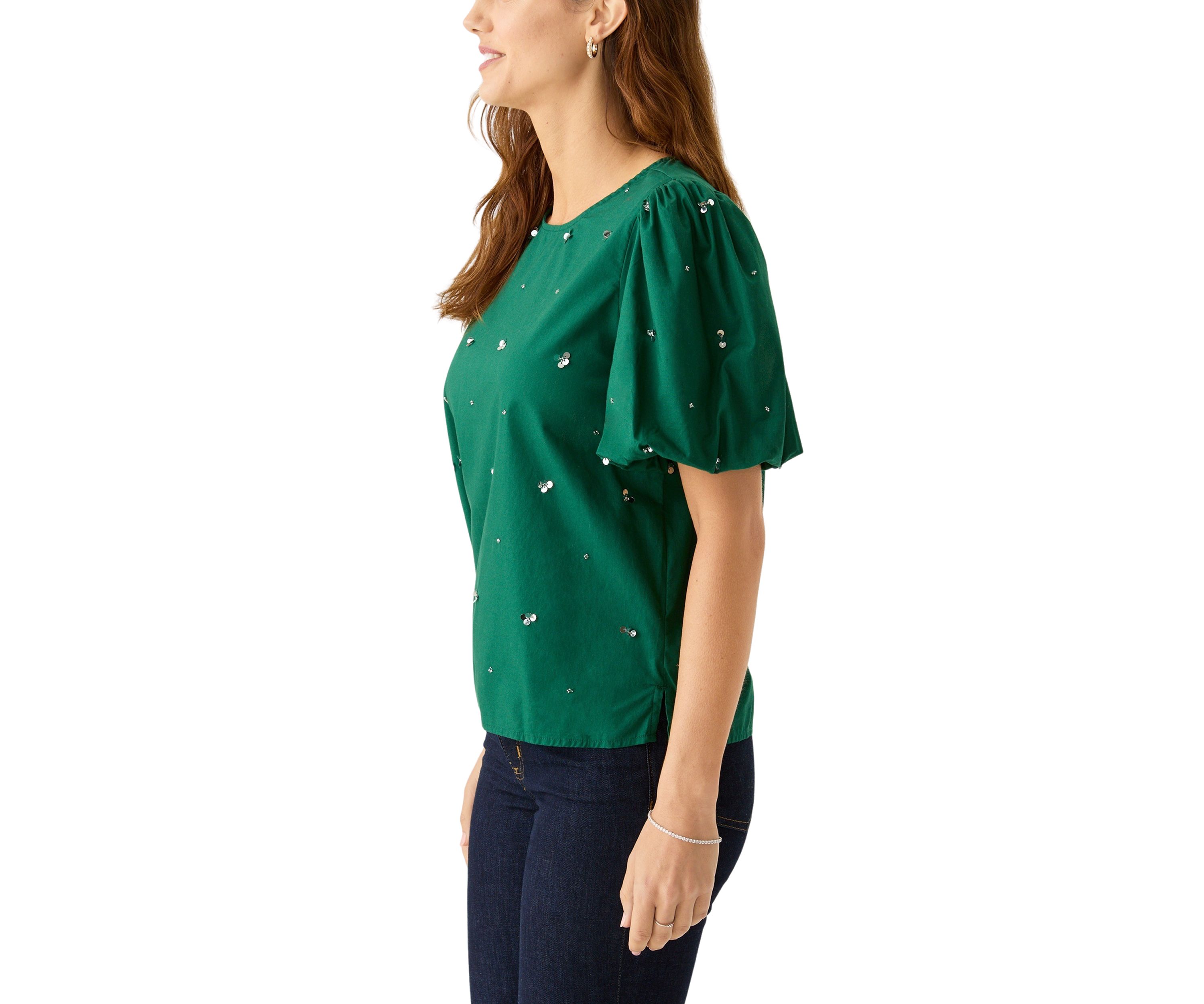 Womens Short Sleeve Crew Neck Sequin Top