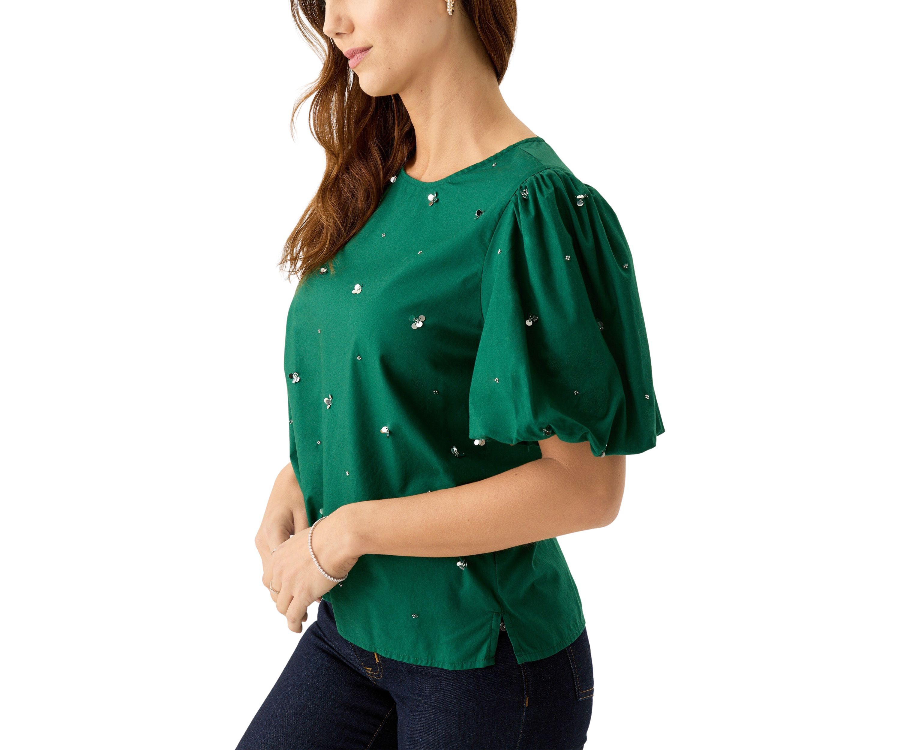 Womens Short Sleeve Crew Neck Sequin Top