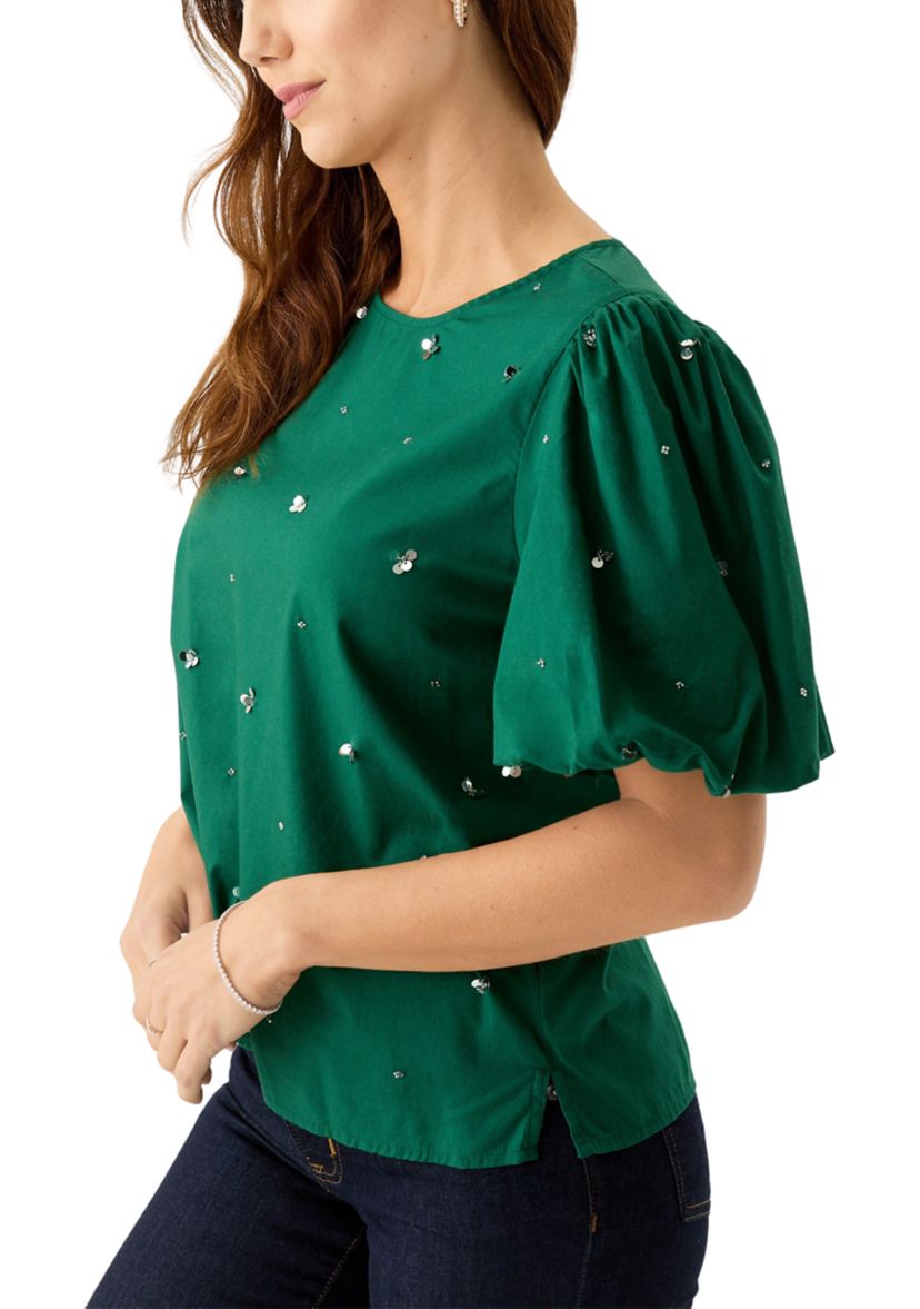 Womens Short Sleeve Crew Neck Sequin Top