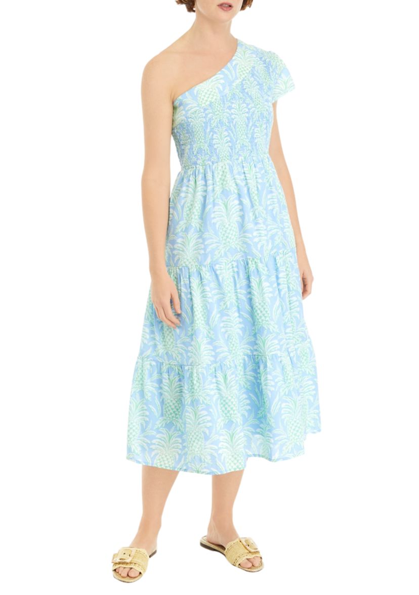 Womens One Shoulder Printed Midi Dress