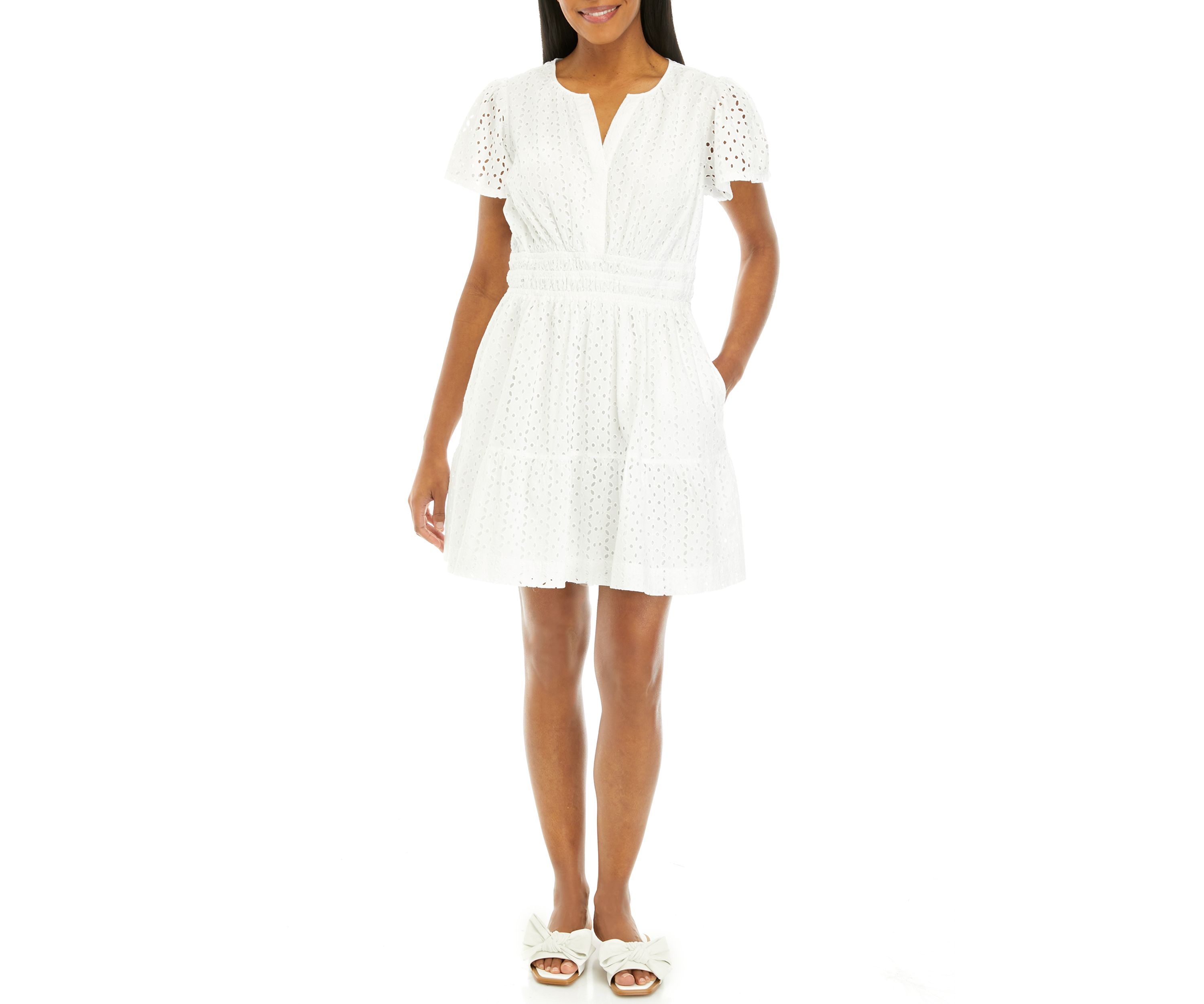 Womens Short Sleeve Eyelet Mini Dress
