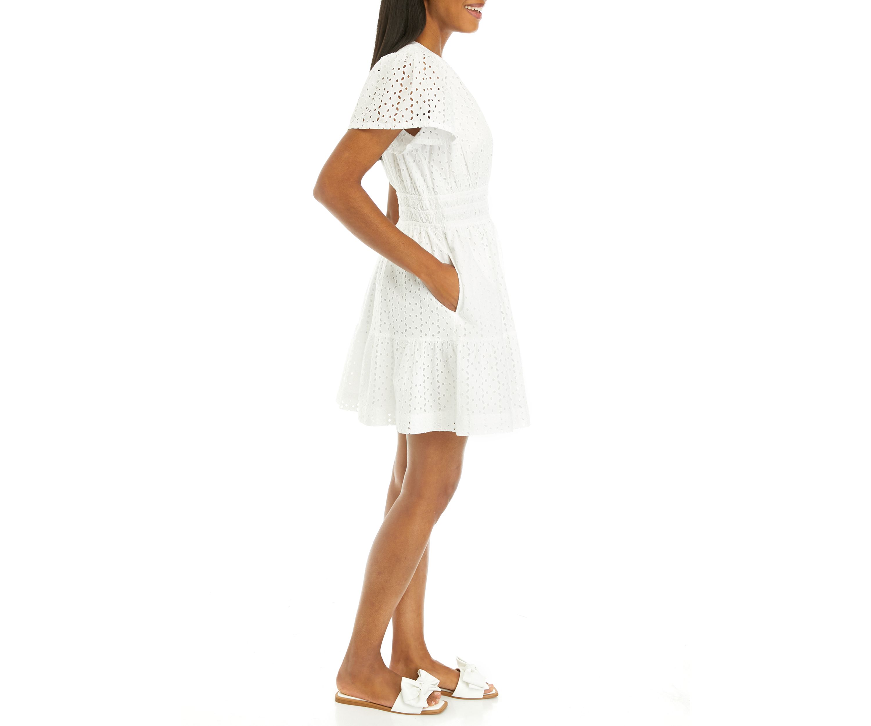 Womens Short Sleeve Eyelet Mini Dress