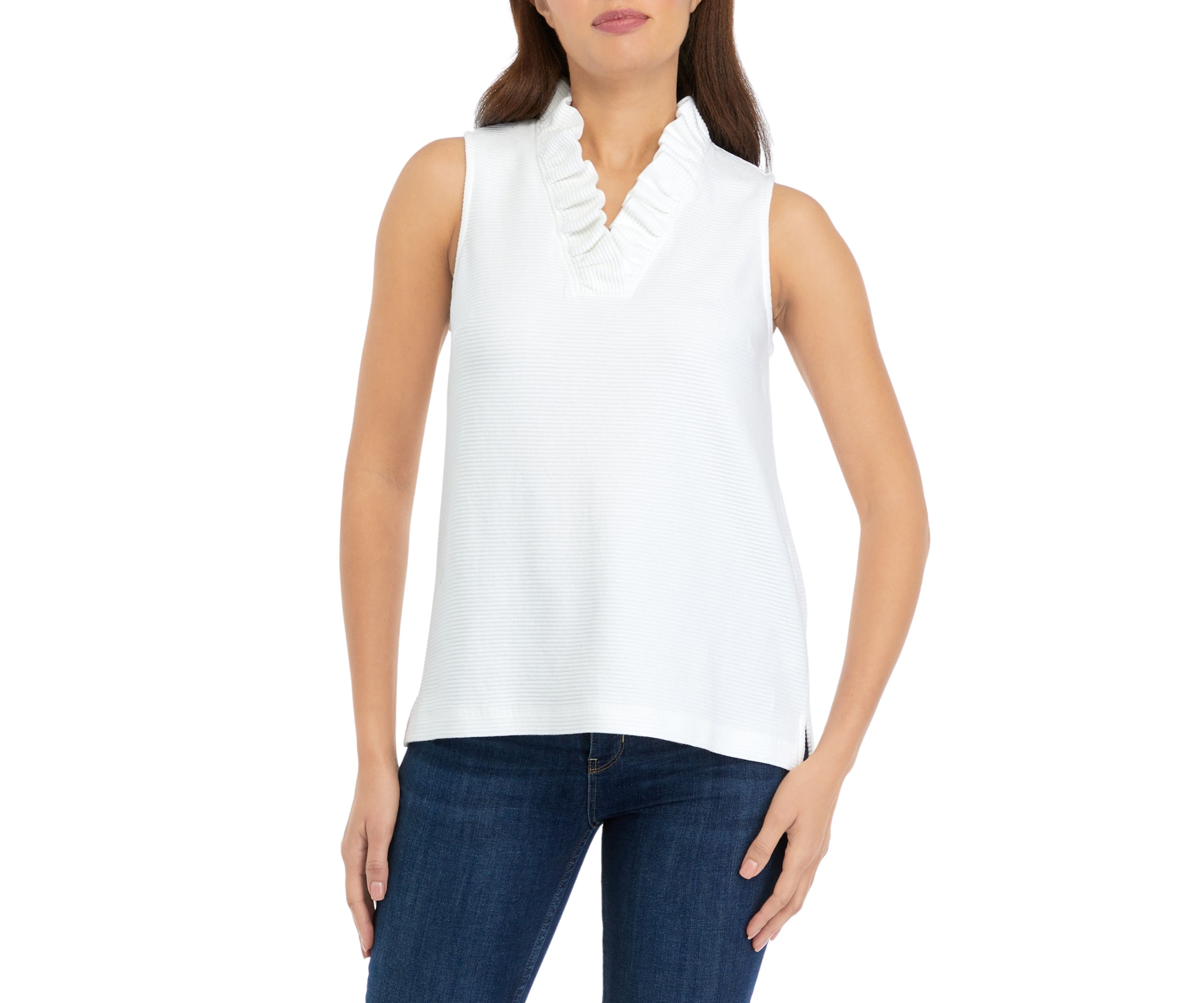 Womens Sleeveless Knit Ruffle Neck Top