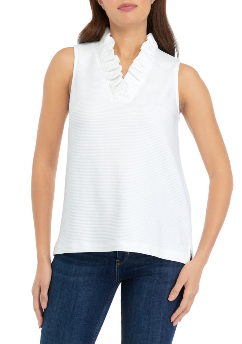 Womens Sleeveless Knit Ruffle Neck Top