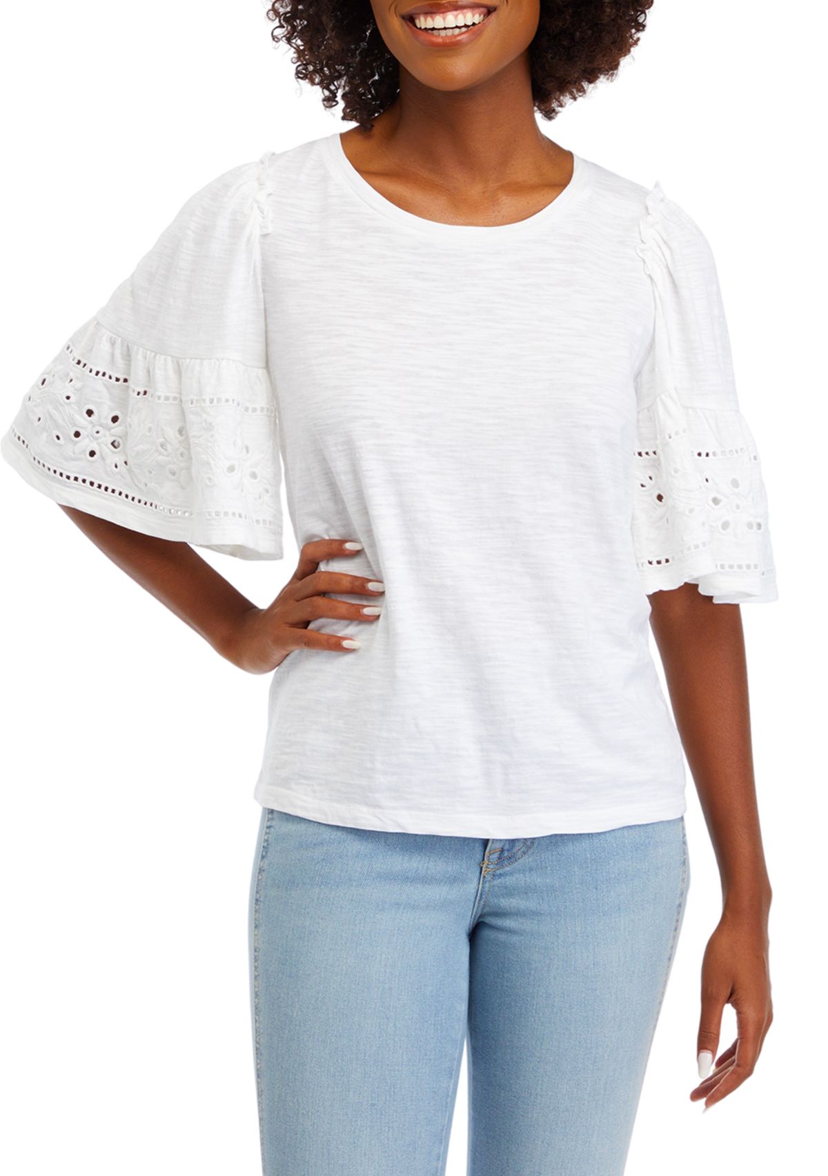 Womens Embroidered Flutter Sleeve Top