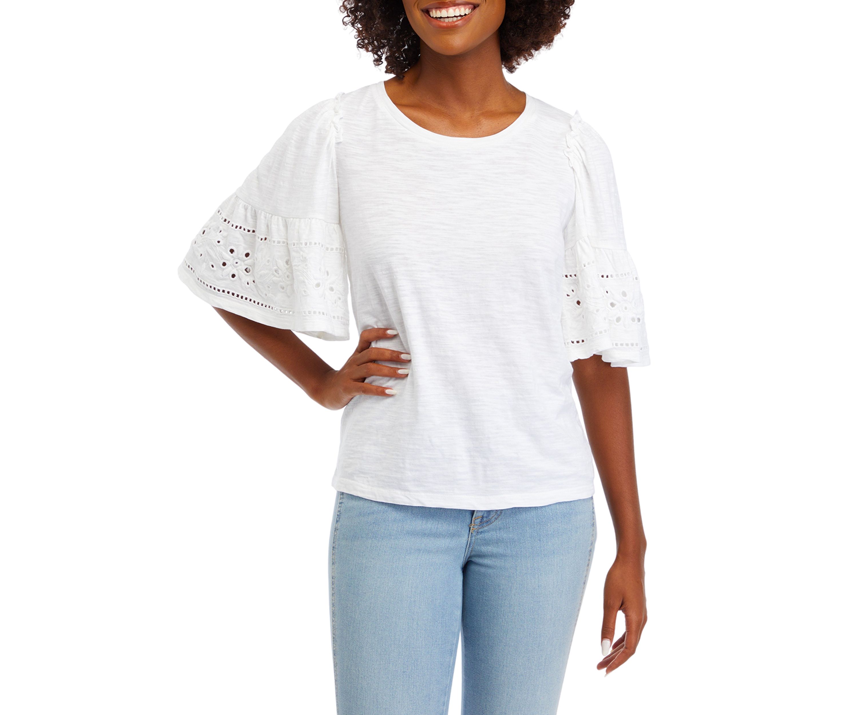 Womens Embroidered Flutter Sleeve Top
