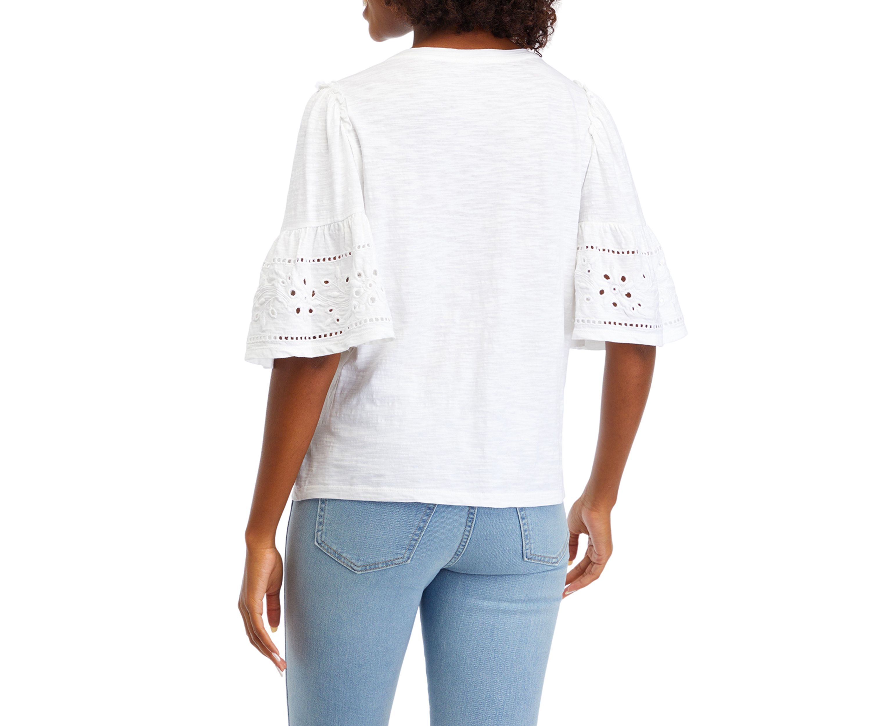 Womens Embroidered Flutter Sleeve Top