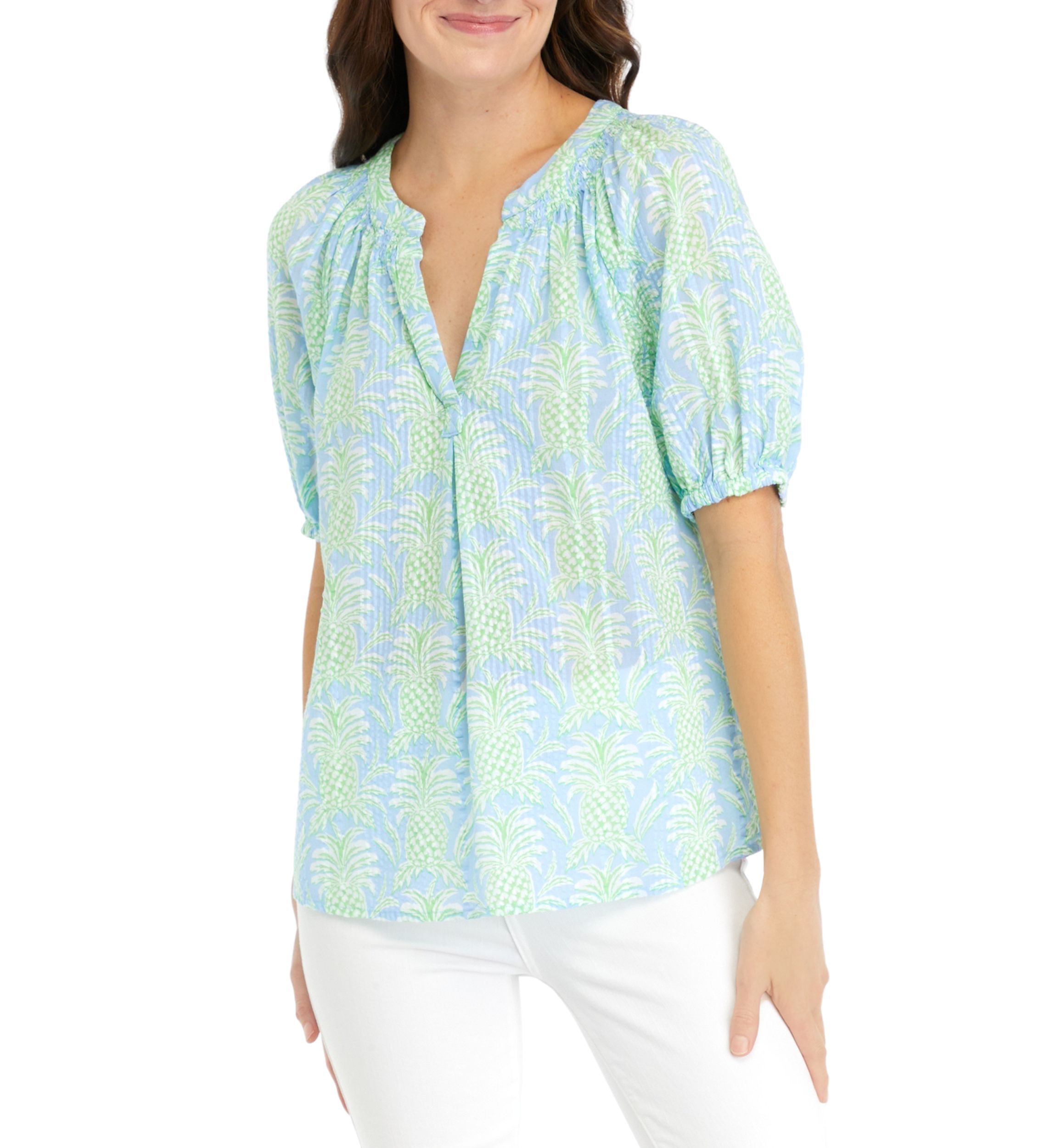 Womens Short Sleeve Printed Peasant Top