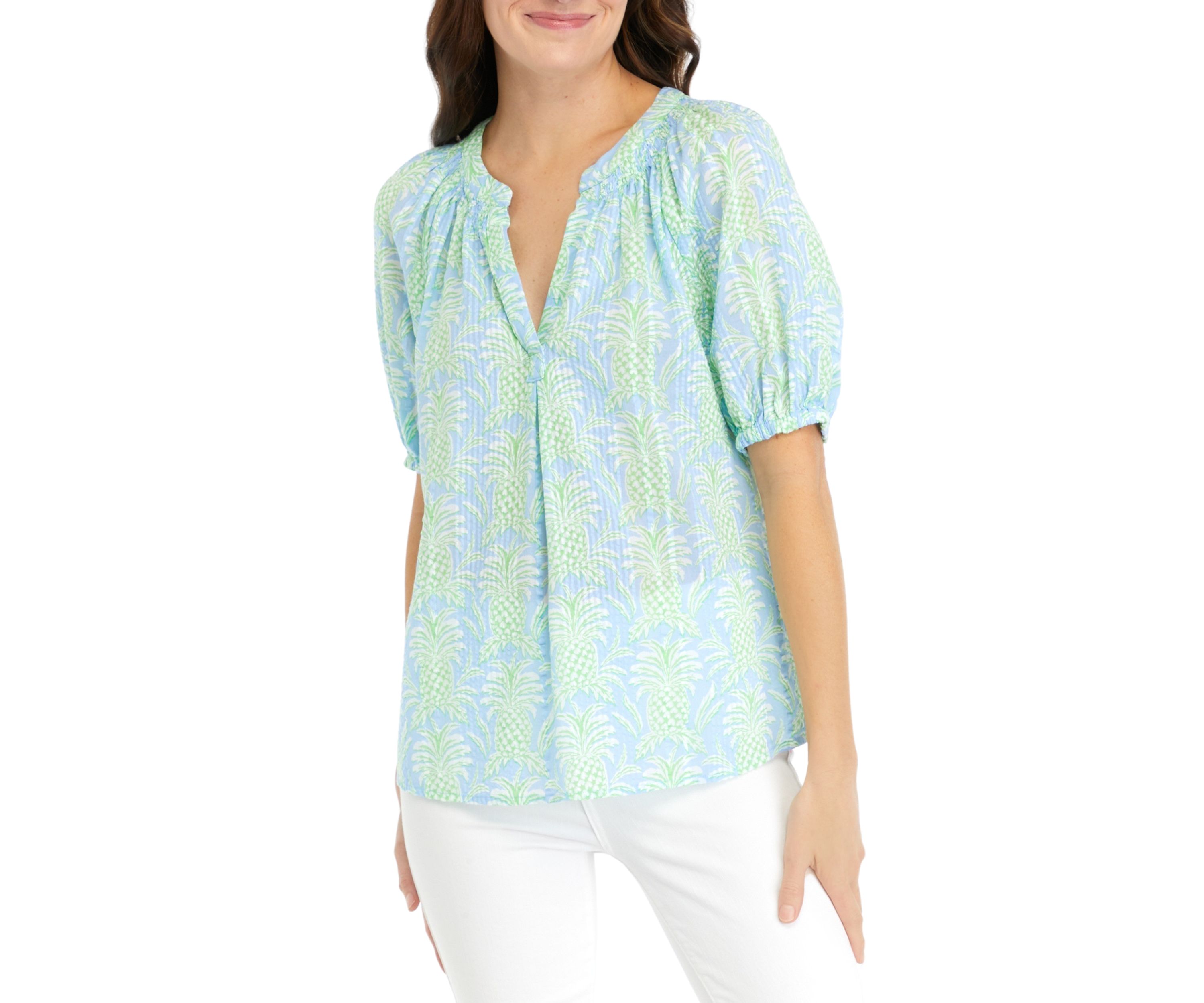 Womens Short Sleeve Printed Peasant Top