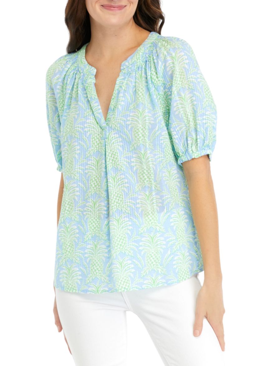 Womens Short Sleeve Printed Peasant Top