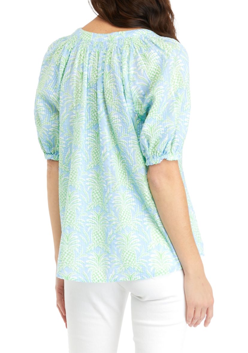 Womens Short Sleeve Printed Peasant Top