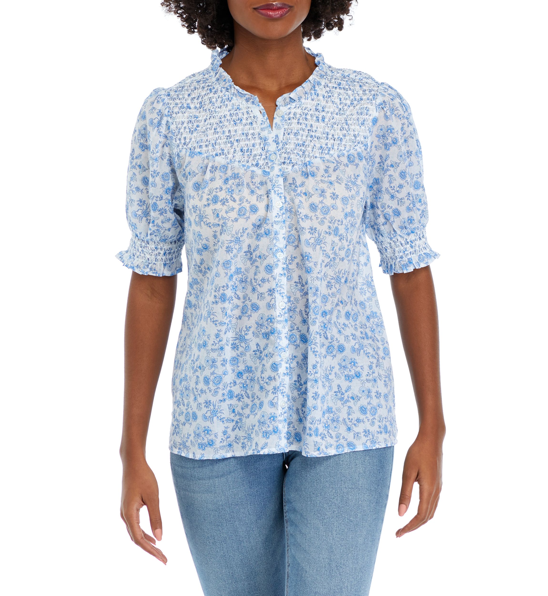 Womens Short Sleeve Smocked Button Up Printed Top