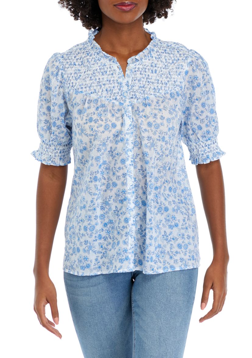 Womens Short Sleeve Smocked Button Up Printed Top
