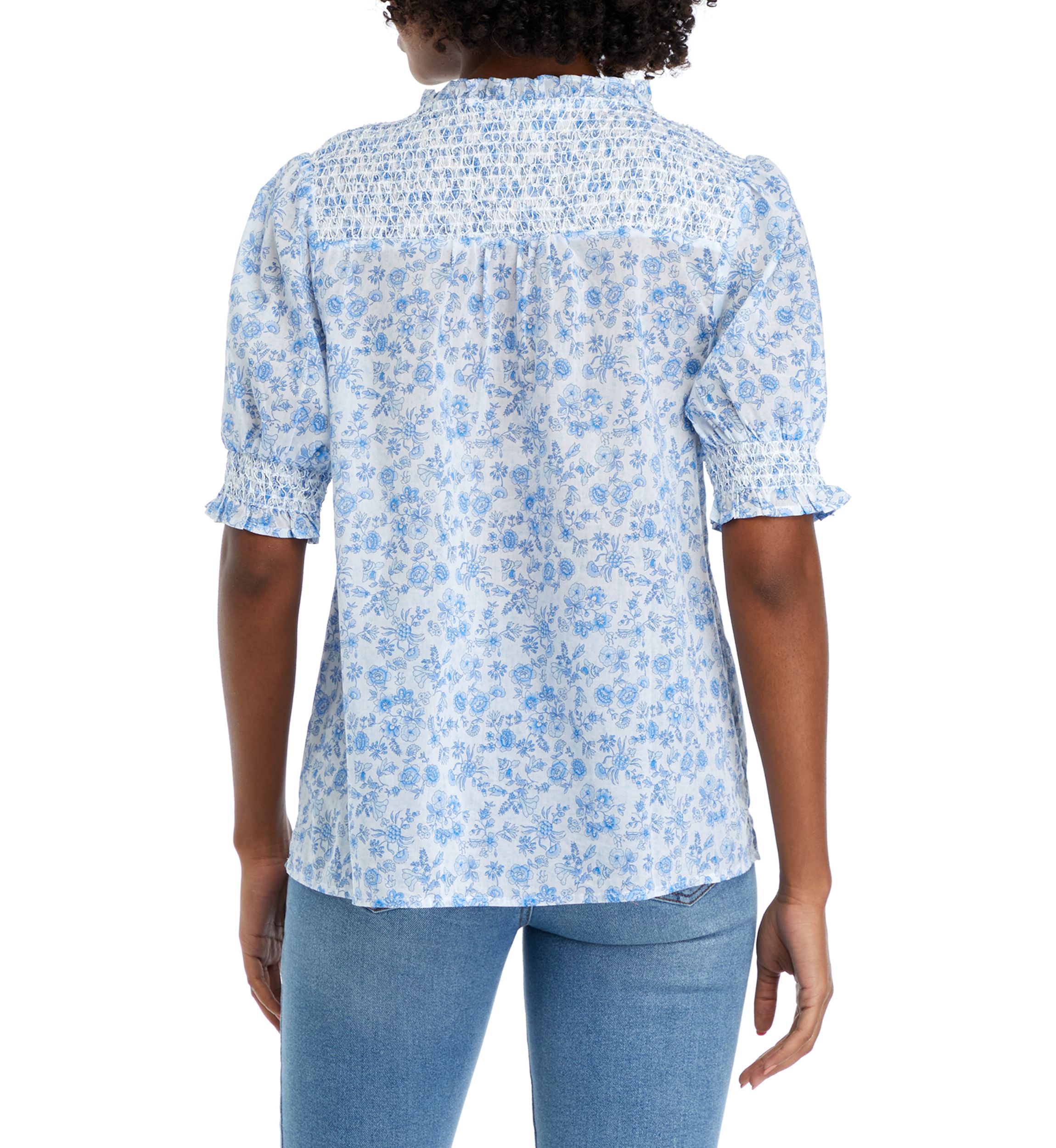Womens Short Sleeve Smocked Button Up Printed Top