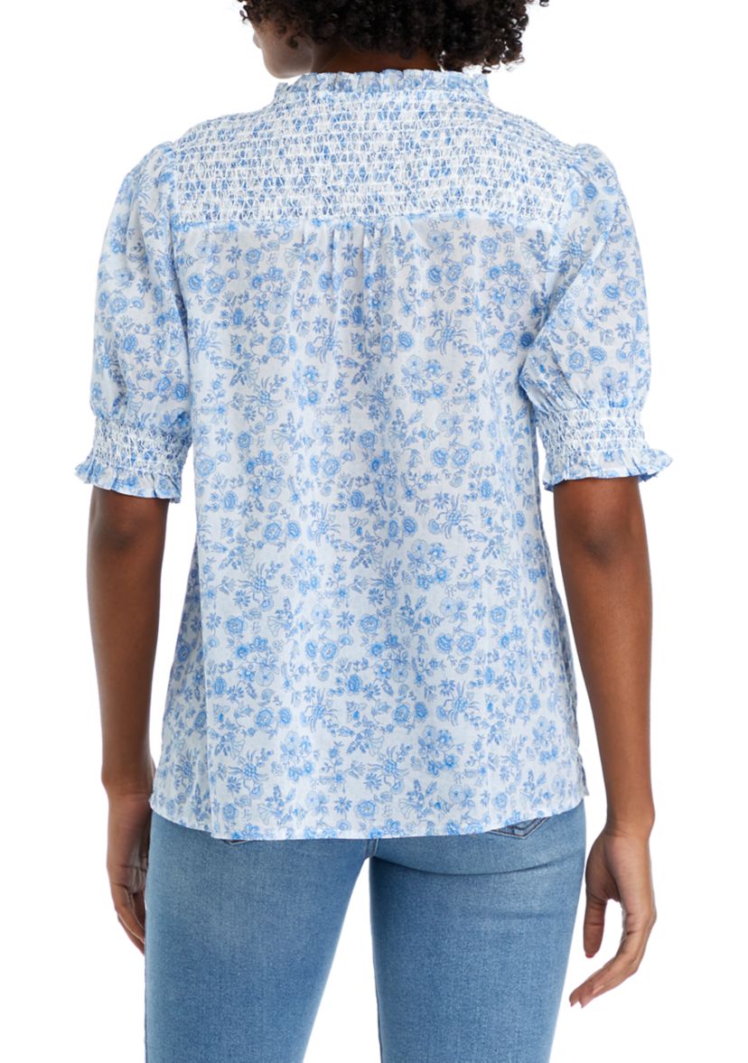 Womens Short Sleeve Smocked Button Up Printed Top