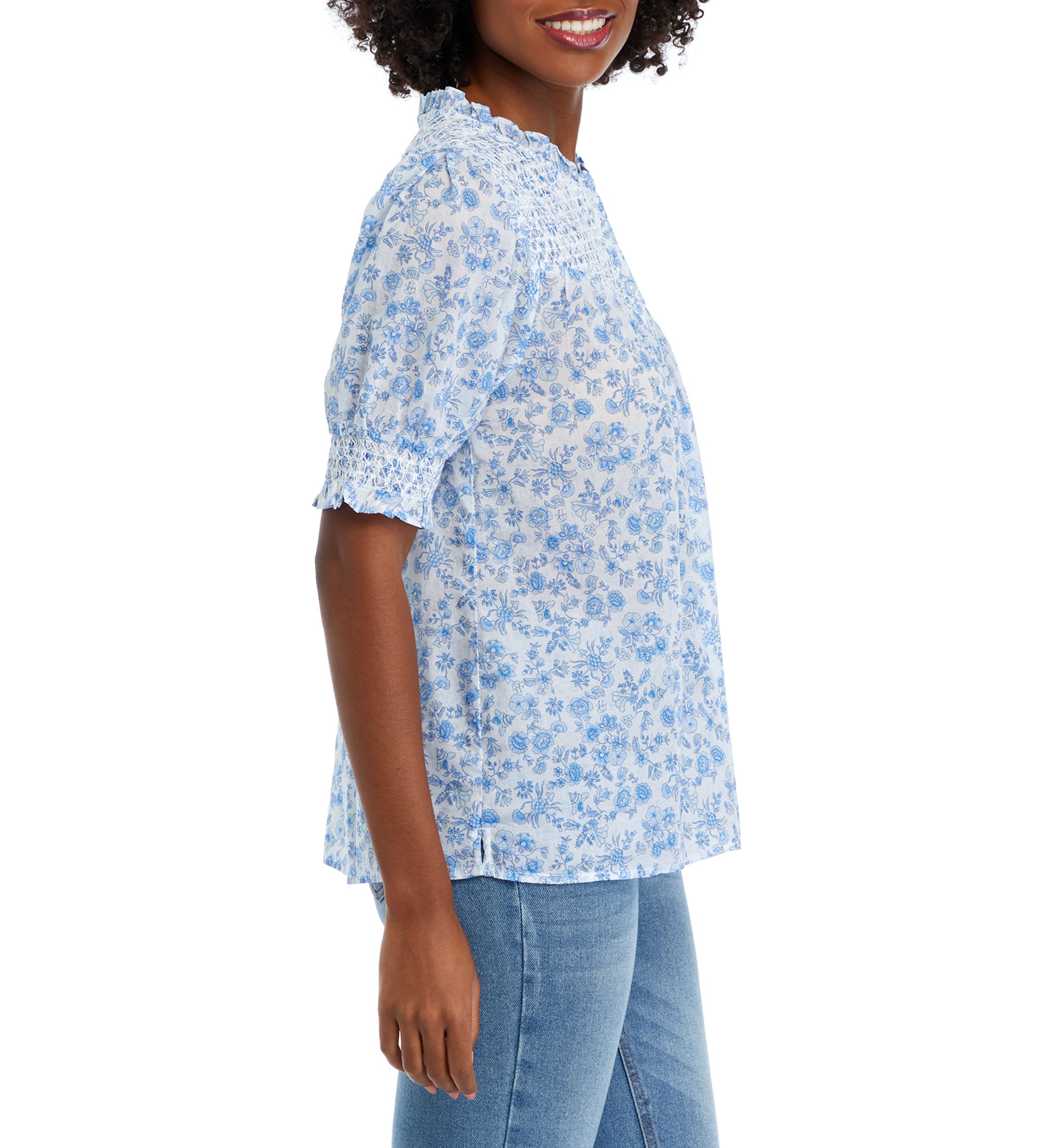 Womens Short Sleeve Smocked Button Up Printed Top